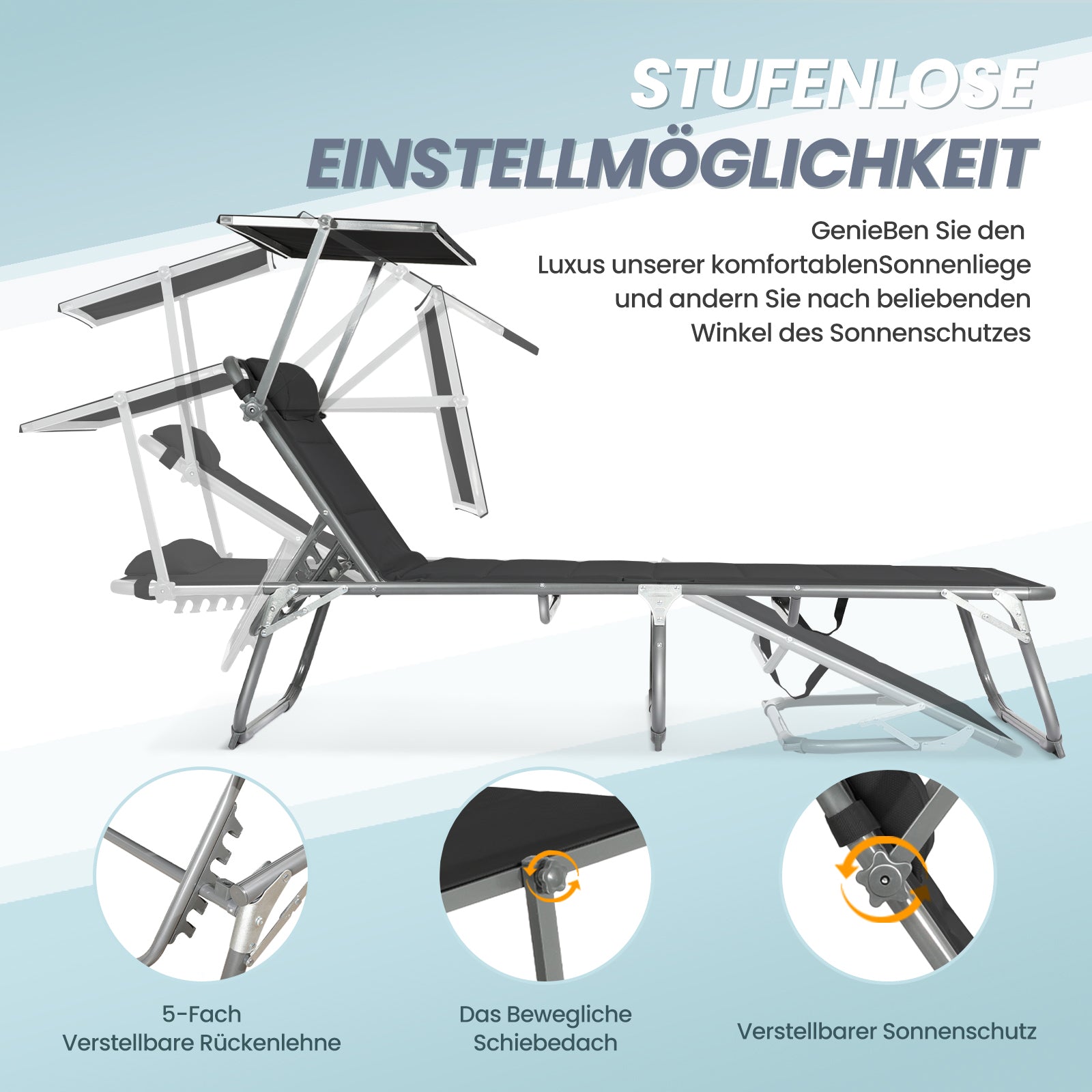 HOMECALL Sonnenliege XXL klappbar schwarz – 5-fach verstellbar mit Sonnenschutz, gepolstert bis 180 kg | B-Ware Sonderposten