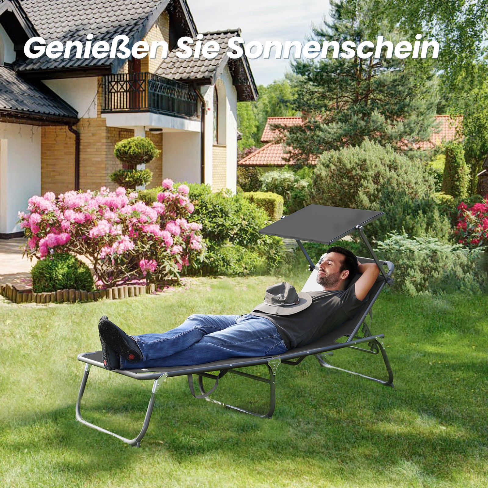 HOMECALL Sonnenliege XXL klappbar schwarz – 5-fach verstellbar mit Sonnenschutz, gepolstert bis 180 kg | B-Ware Sonderposten