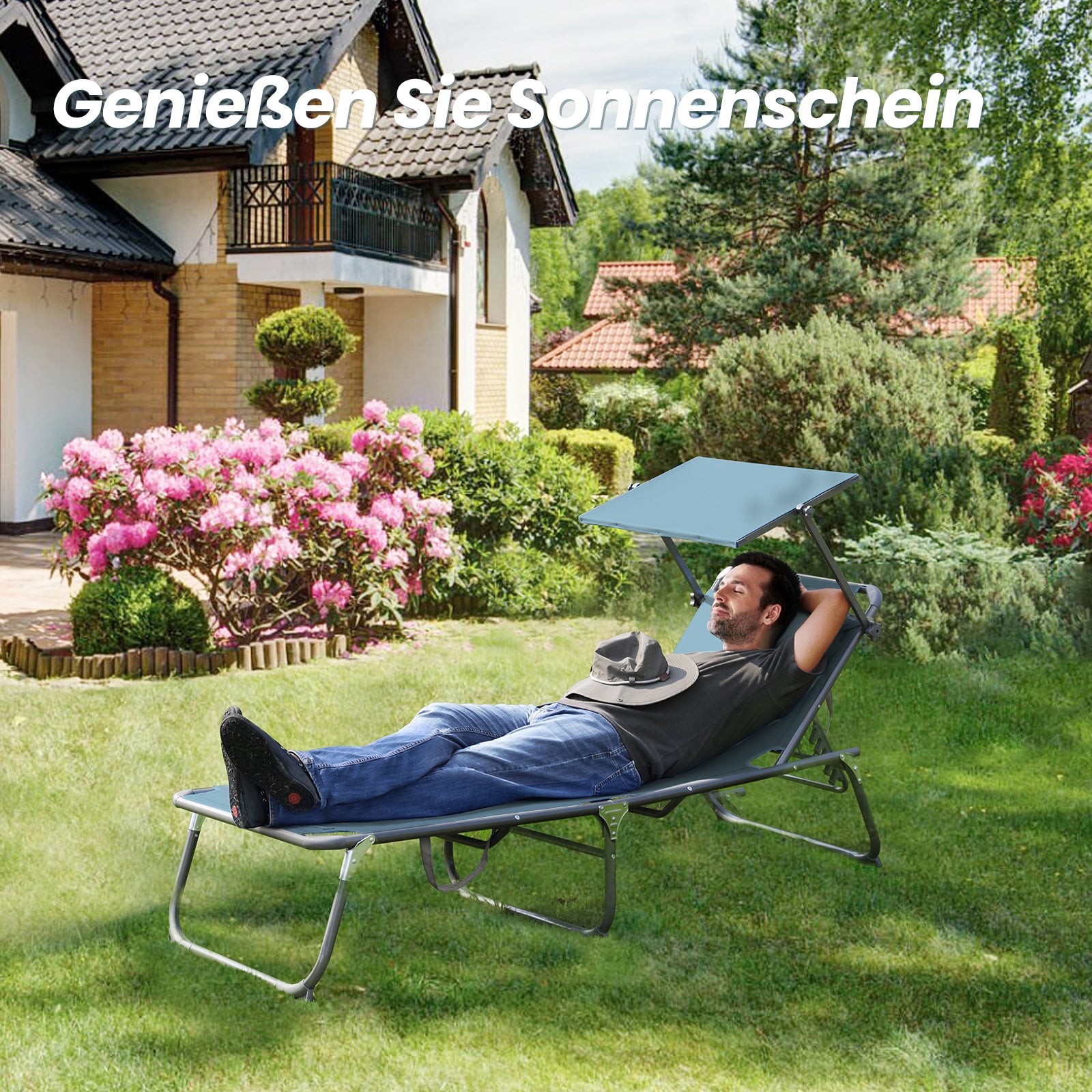 HOMECALL Sonnenliege XXL klappbar Anthrazit – 5-fach verstellbar mit Sonnenschutz, gepolstert bis 180 kg belastbar | B-Ware Sonderposten