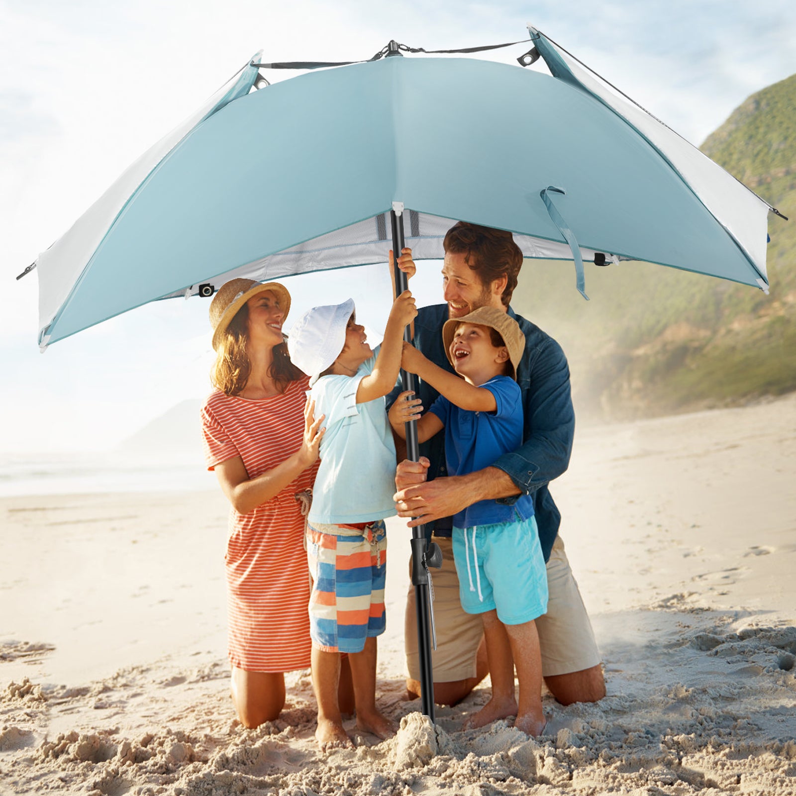 HOMECALL Strandmuschel mit Schirmsystem Blau – 3in1 Sonnenschirm & Windschutz klappbar | B-Ware Sonderposten