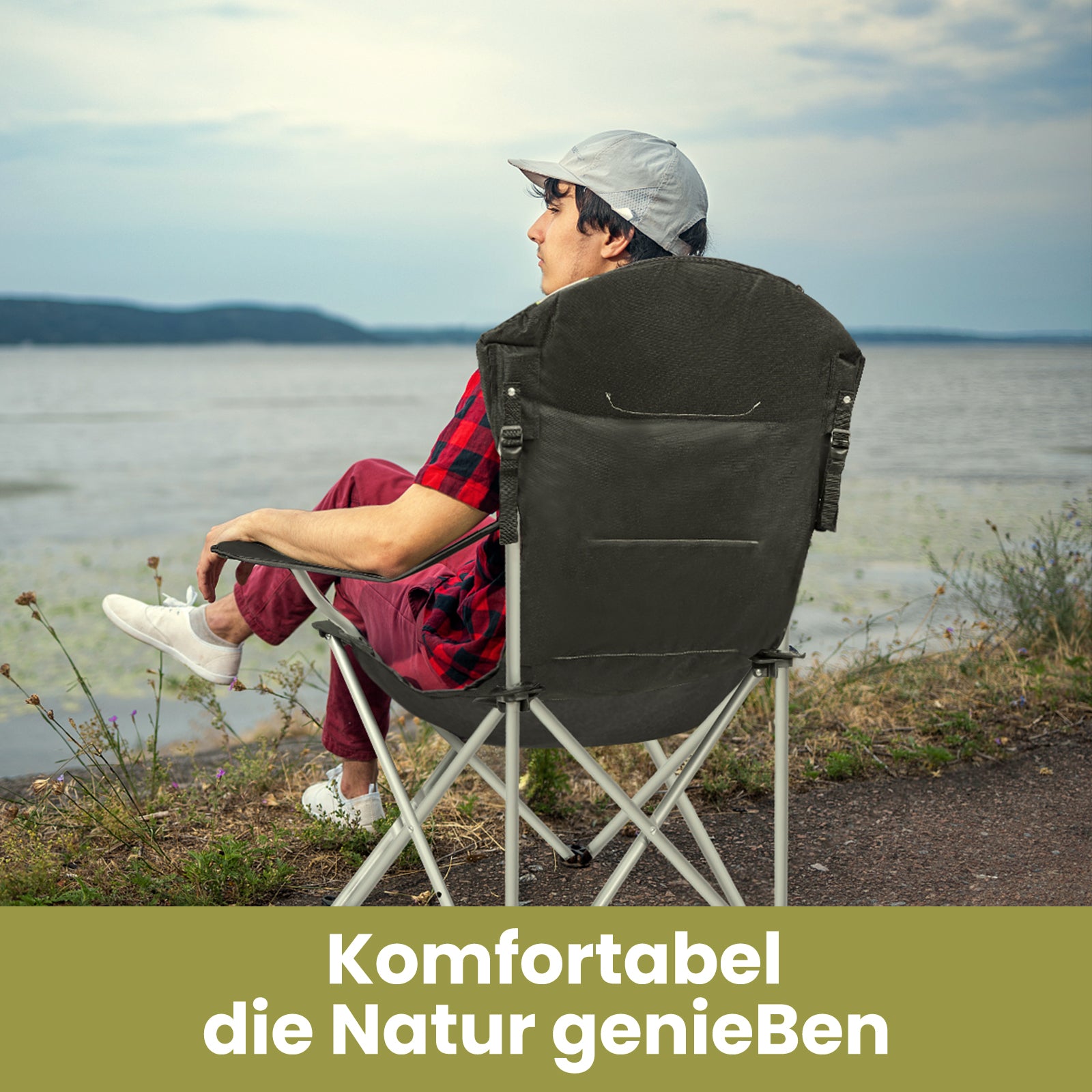 Campingstuhl klappbar – Gepolsterter Angelstuhl mit 3-fach verstellbarer Rückenlehne, Getränkehalter und Tragetasche, bis 150 kg belastbar