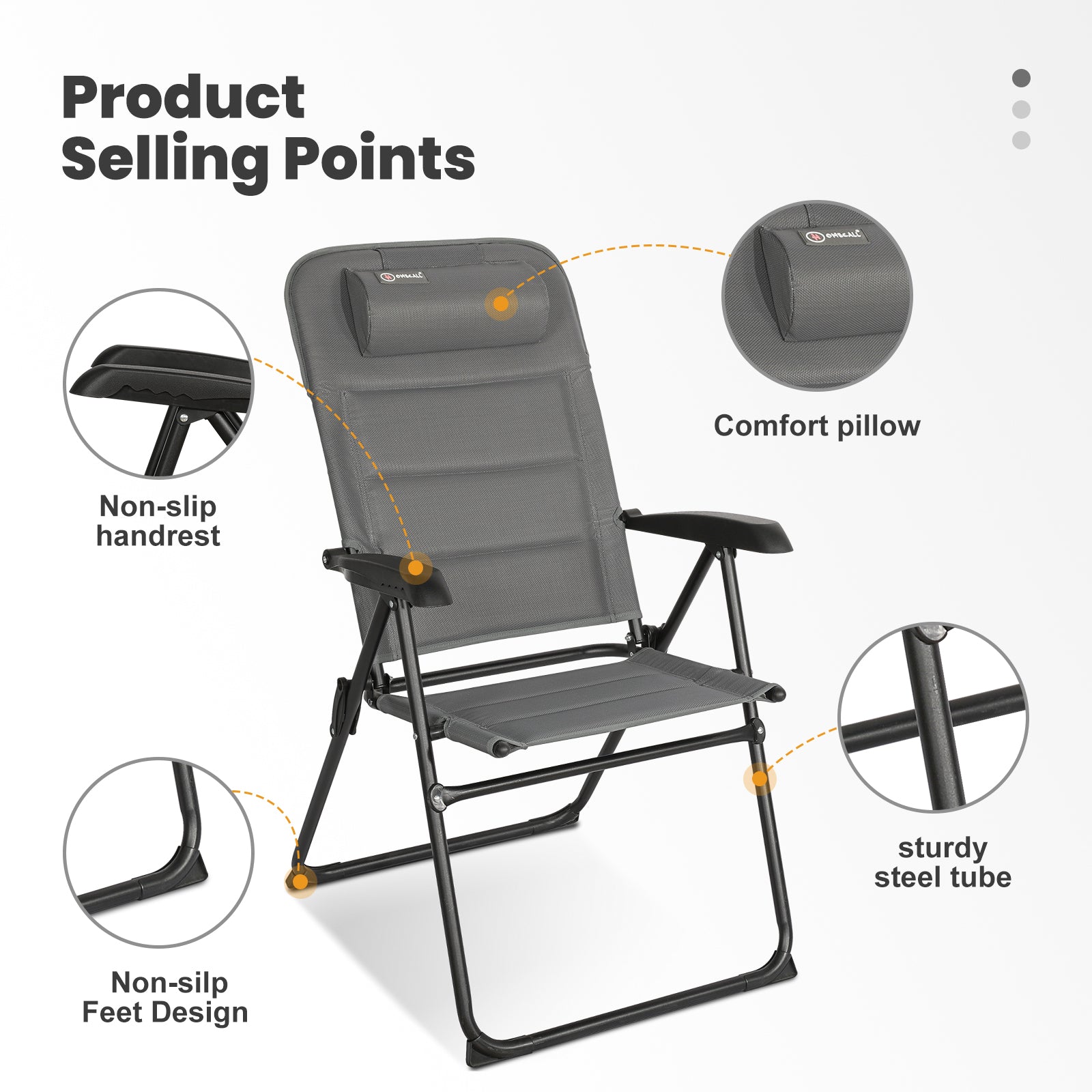 Campingstuhl Hochlehner klappbar – gepolsterter Gartenstuhl mit 5-fach verstellbarer Rückenlehne, , bis 150 kg belastbar - grau