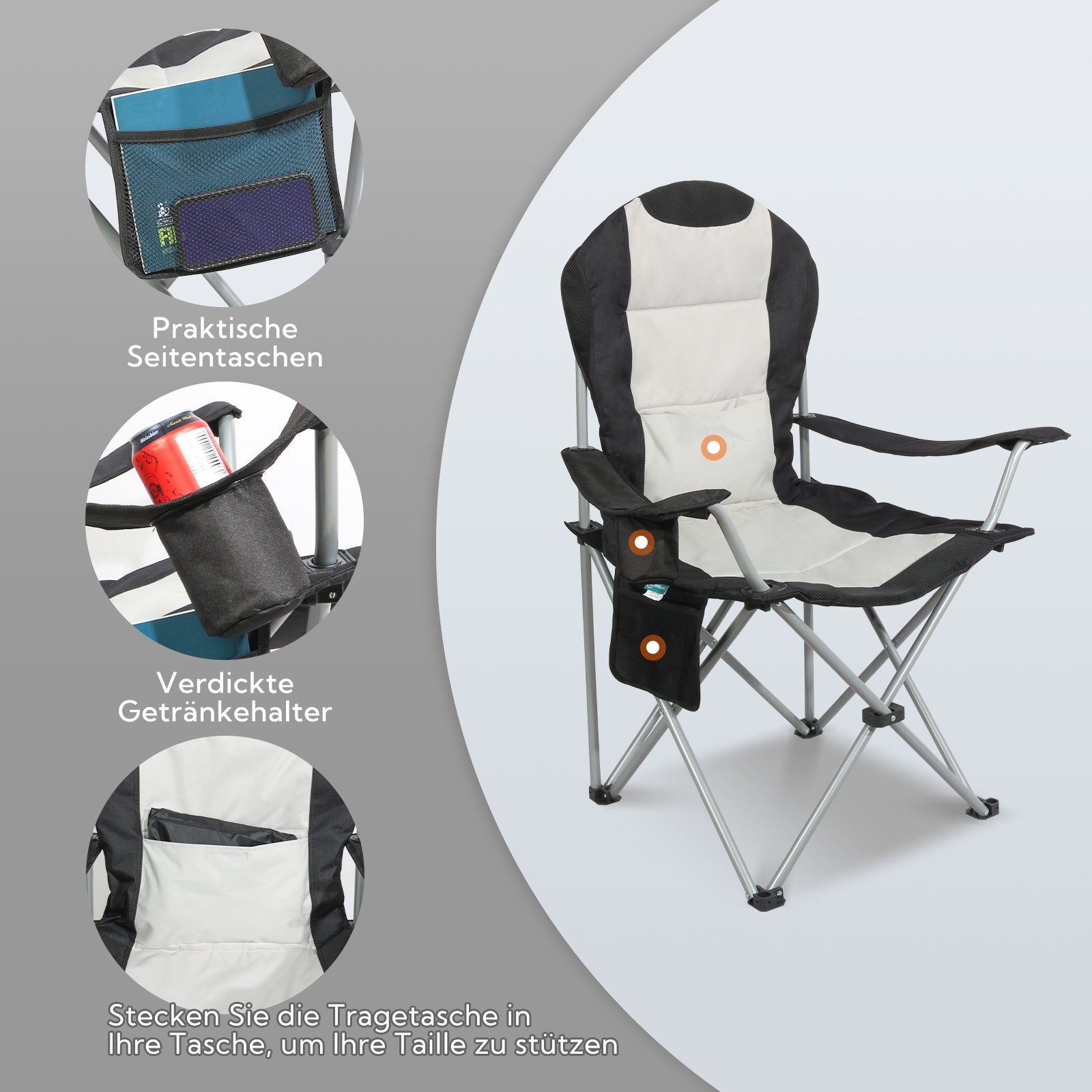 Campingstuhl Hochlehner klappbar – Gepolsterter Gartenstuhl mit Armlehnen & Getränkehalter bis 150 kg belastbar - creme/schwarz