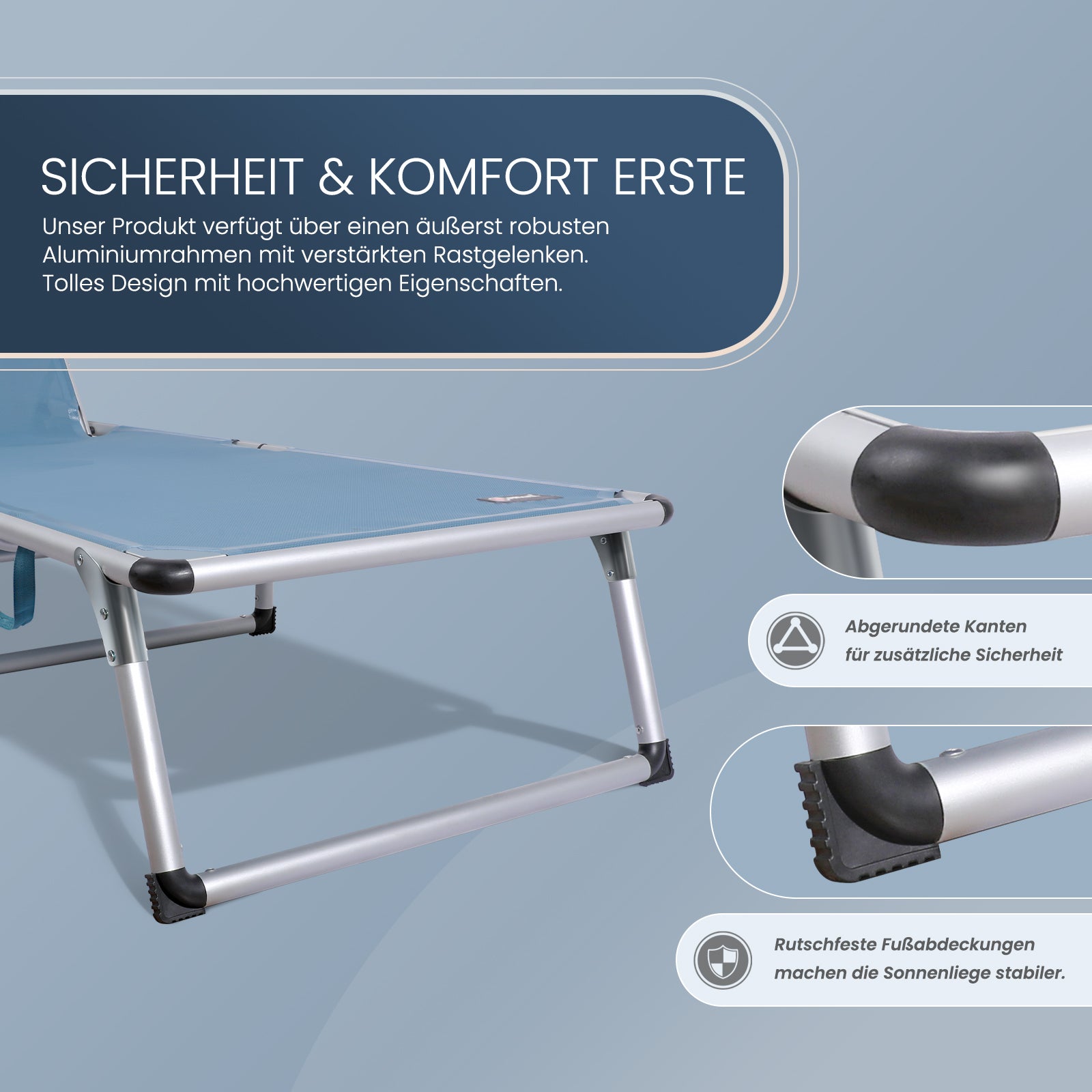 HOMECALL Sonnenliege klappbar Blau – leichte Aluminium Gartenliege mit Sonnenschutz & 5-fach verstellbar - blau | B-Ware Sonderposten