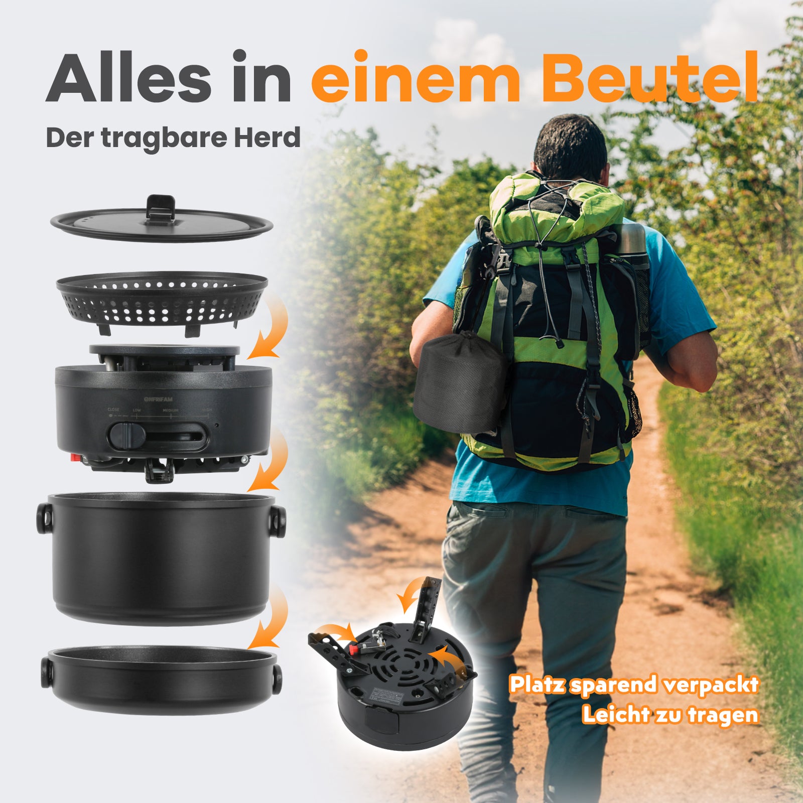 2-in-1 Campingkocher Gas & Elektro – Tragbarer Outdoor Kocher mit Topf & Pfanne, Antihaftbeschichtung, Camping Kochset