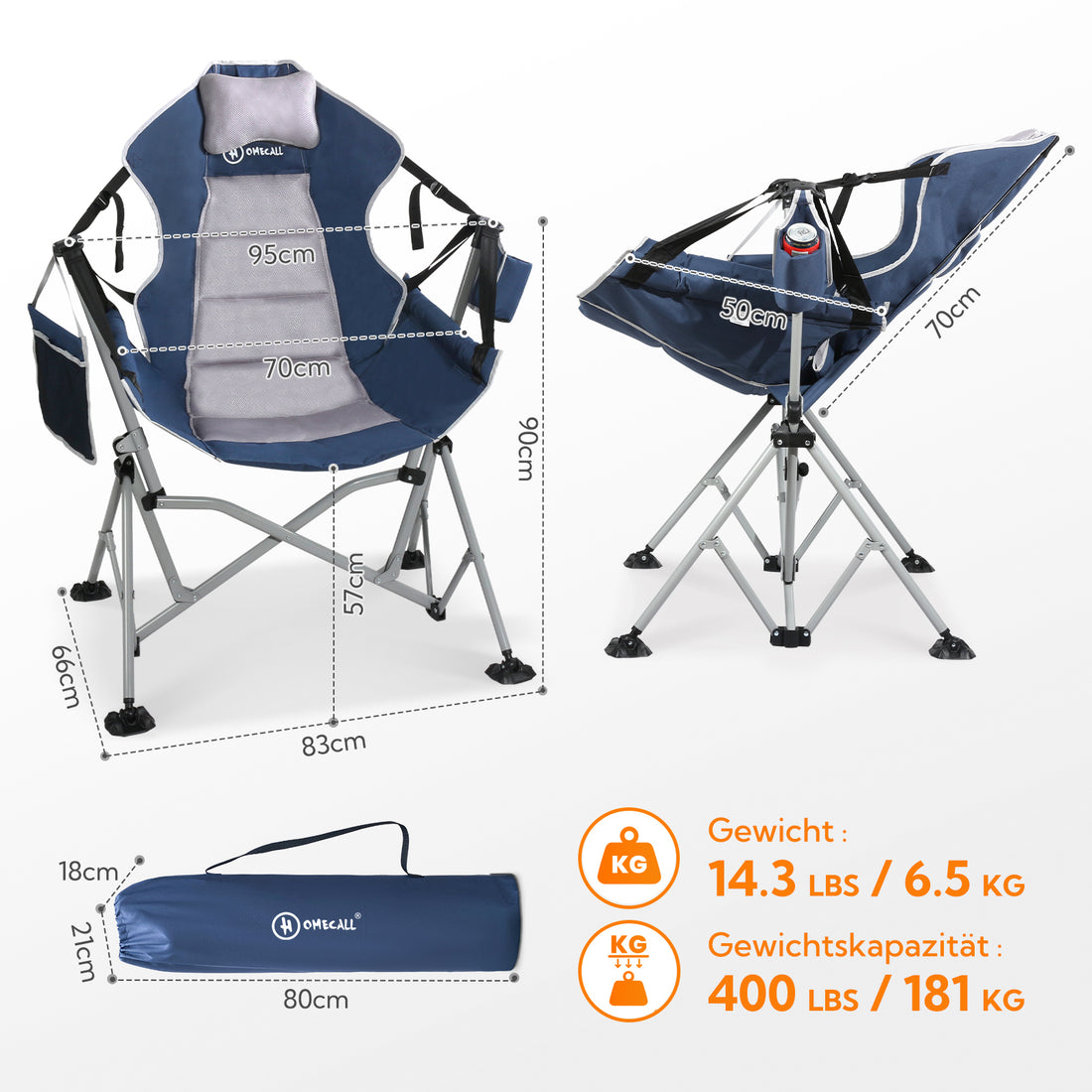 Camping Schaukelstuhl faltbar – Komfortabler Outdoor Hängesessel mit verstellbarer Rückenlehne für Garten & Camping blau-grau