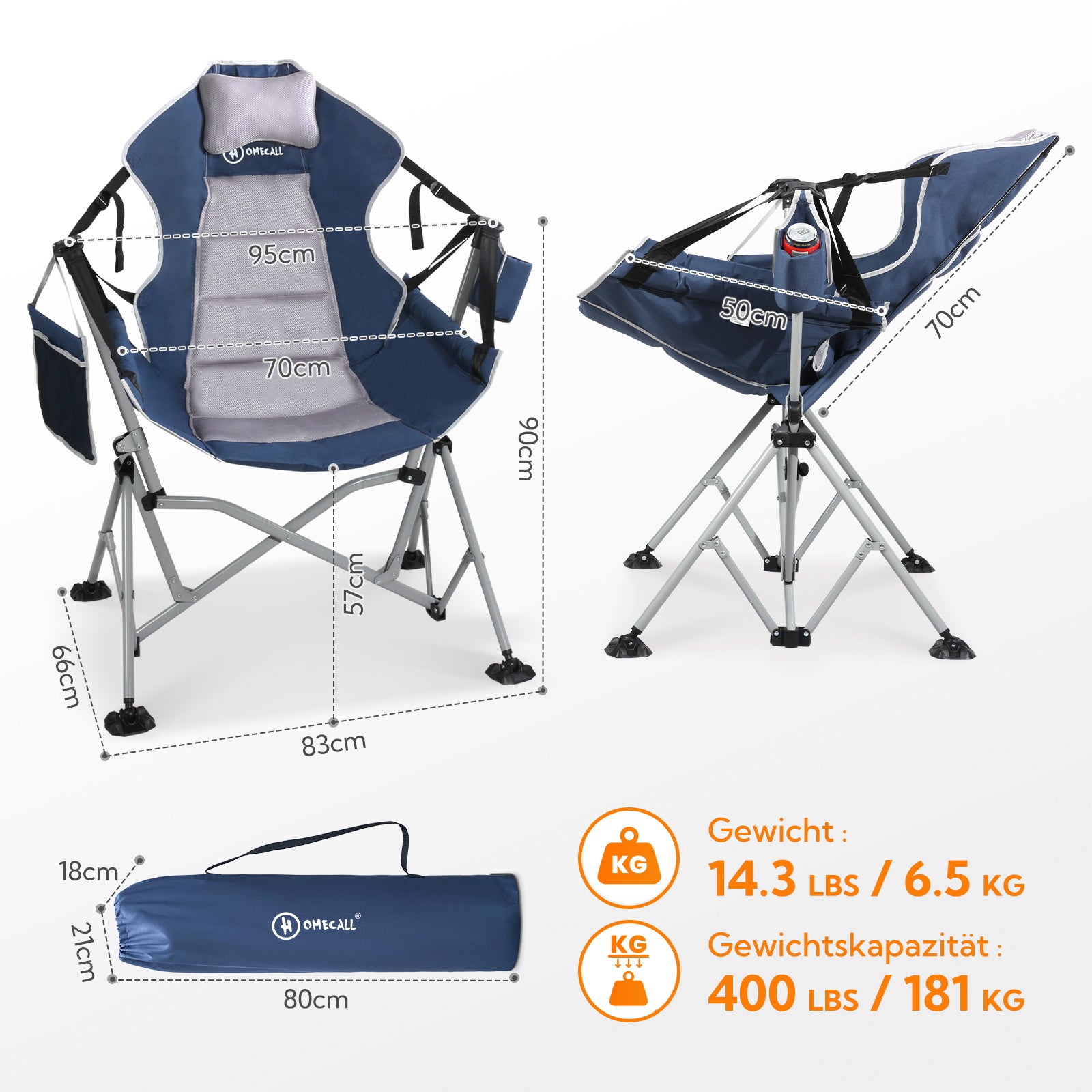 Camping Schaukelstuhl faltbar – Komfortabler Outdoor Hängesessel mit verstellbarer Rückenlehne für Garten & Camping blau-grau