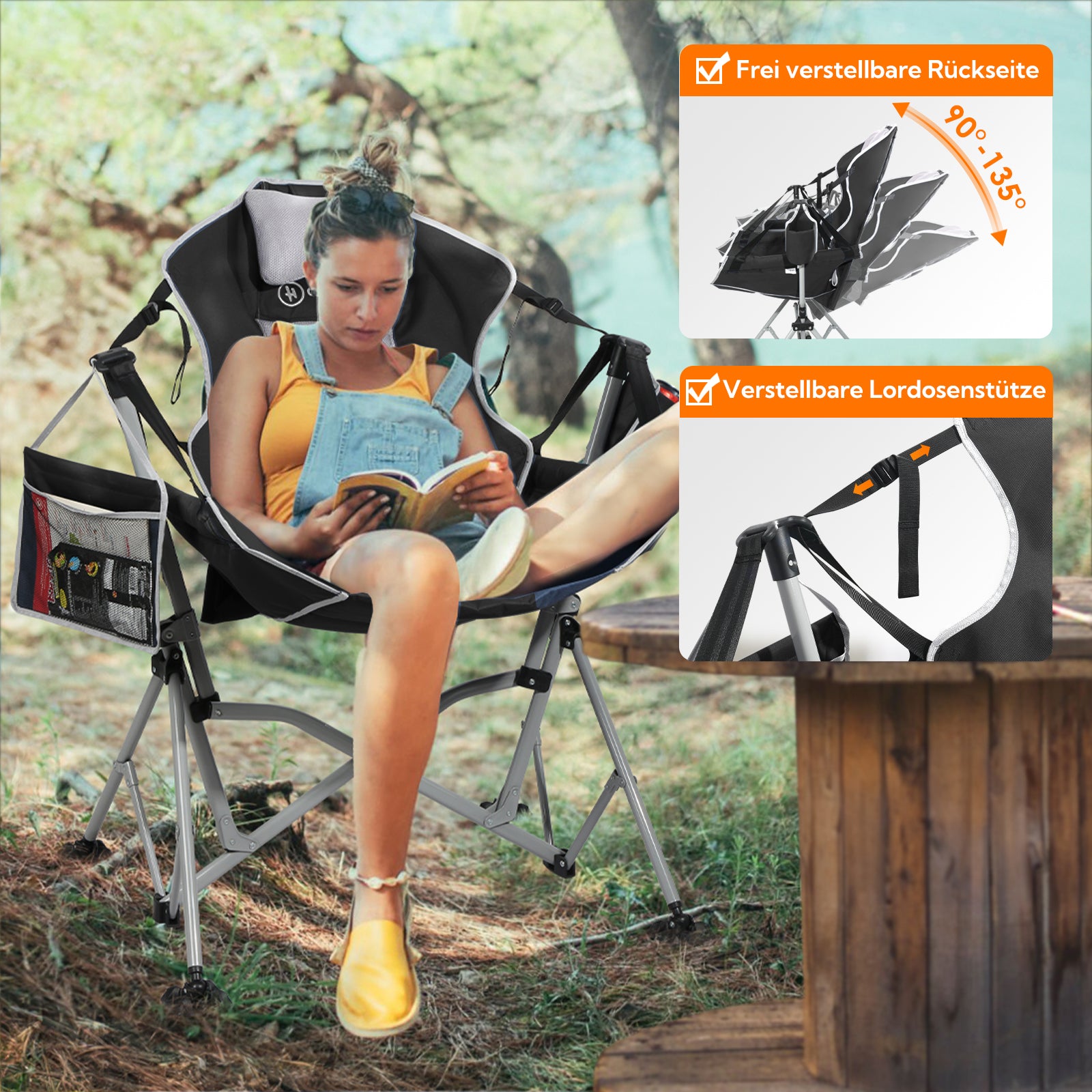 Camping Schaukelstuhl faltbar – Komfortabler Outdoor Hängesessel mit verstellbarer Rückenlehne für Garten & Camping schwarz-grau