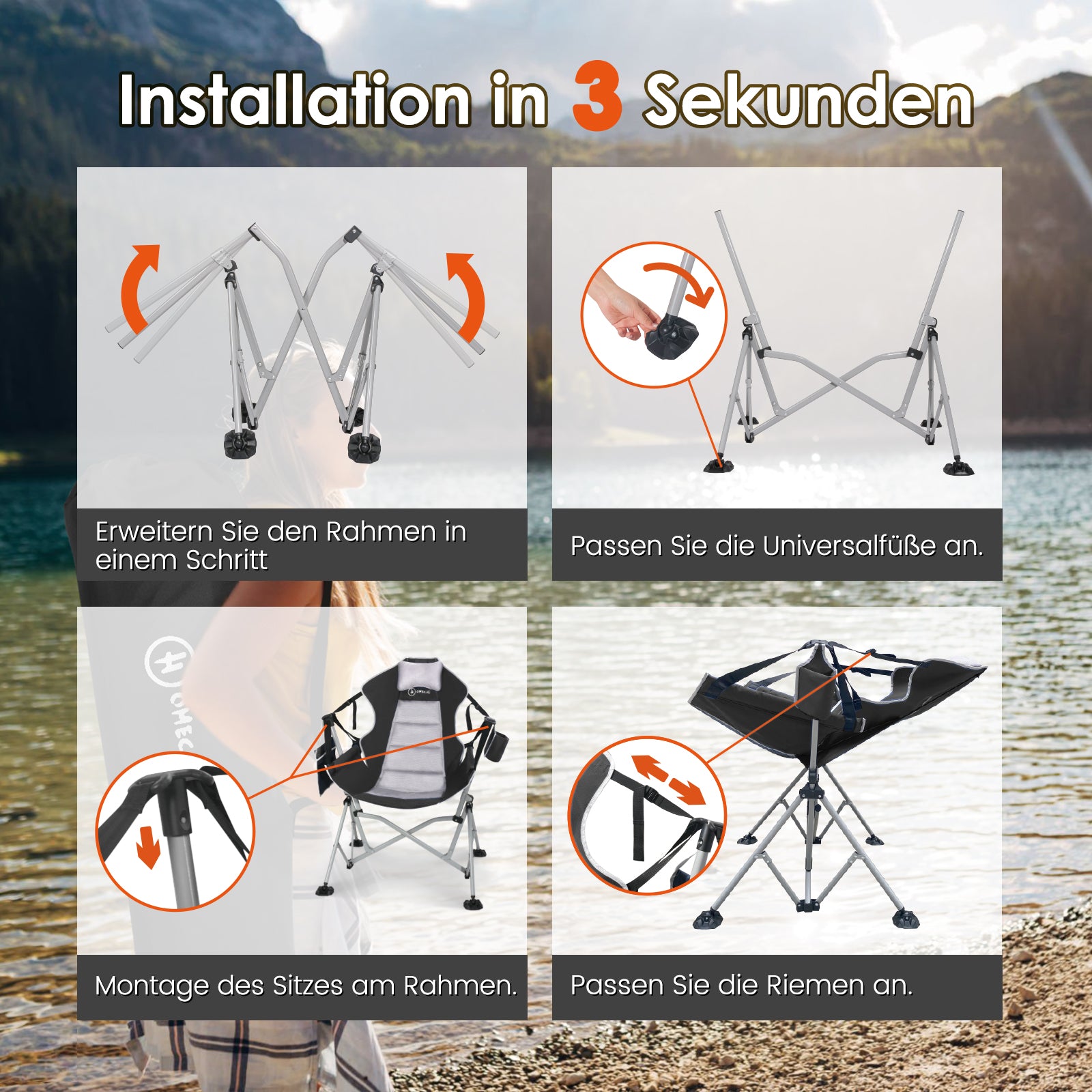 Camping Schaukelstuhl faltbar – Komfortabler Outdoor Hängesessel mit verstellbarer Rückenlehne für Garten & Camping schwarz-grau