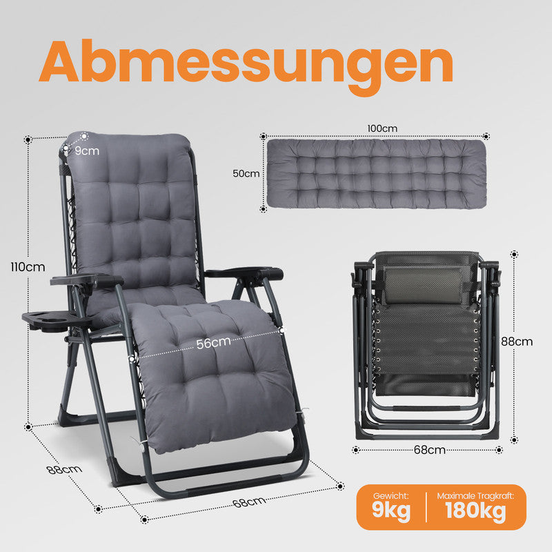 Liegestuhl klappbar XXL bis 180 kg belastbar – Sonnenliege mit Kissen für Garten, Balkon, Terrasse & Camping, grau