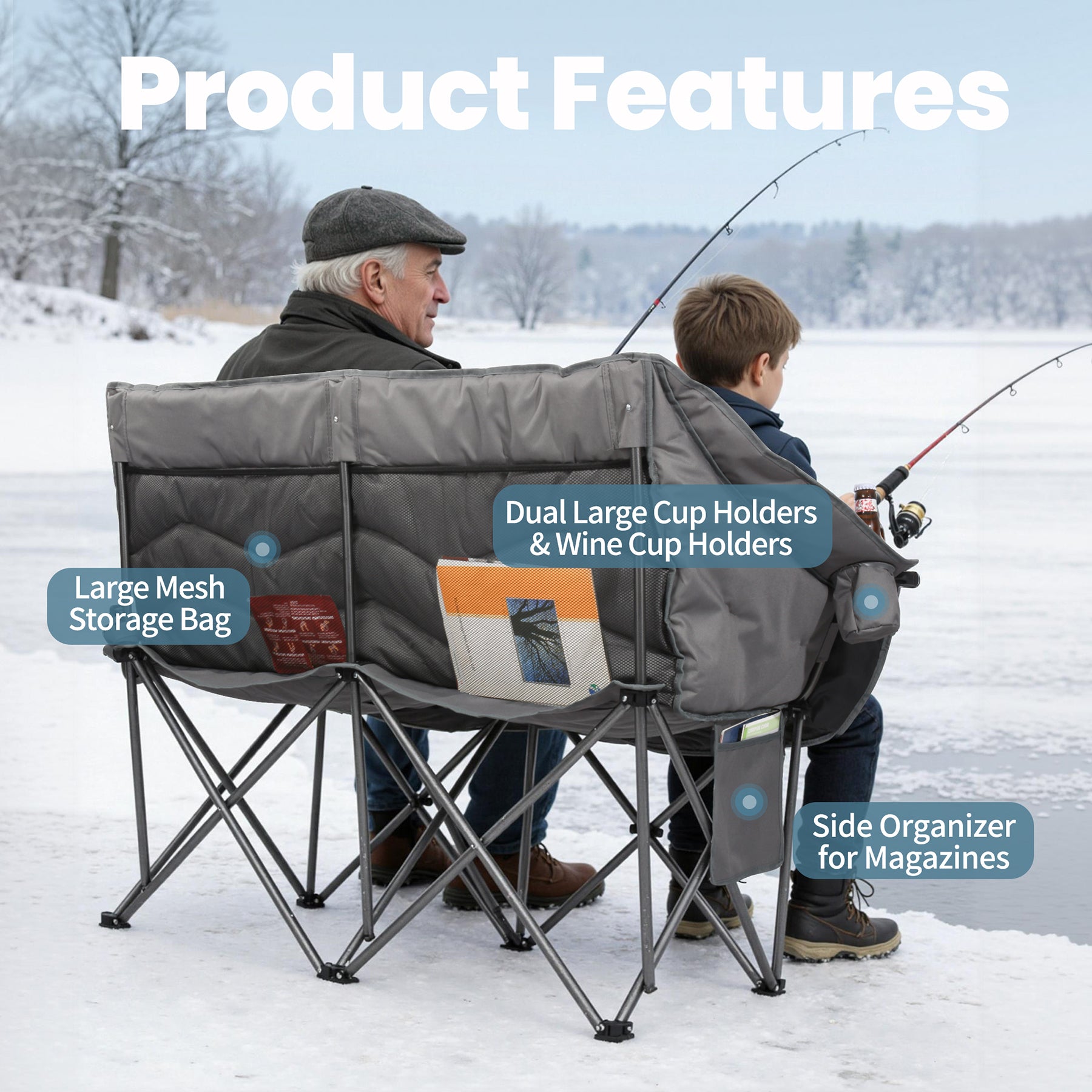 HOMECALL Campingstuhl 2 Personen faltbar – Doppel Campingsofa bis 360 kg, stabile Camping Couch mit Rückenlehne, Grau