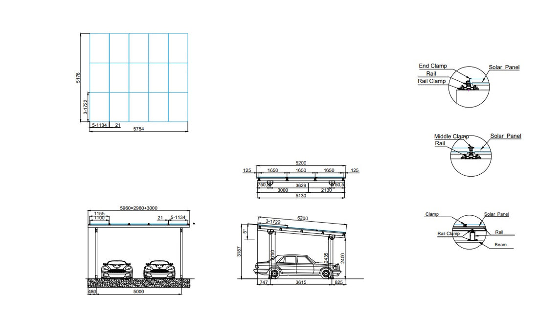 Doppelcarport Carport Gestell für 2 Autos inkl. 15 Solarmodule, Silber