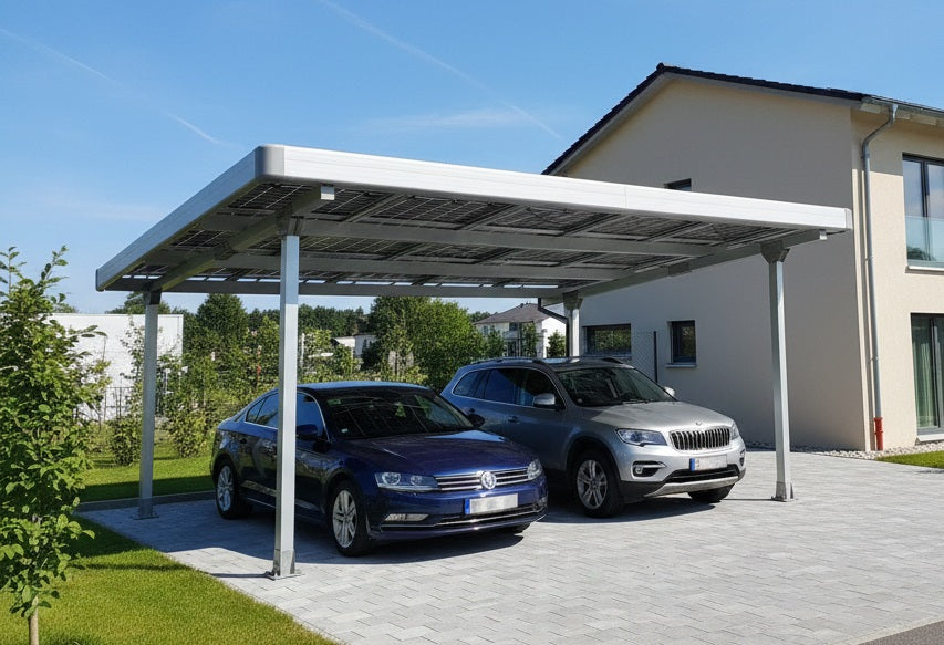 Doppelcarport Carport Gestell für 2 Autos inkl. 15 Solarmodule, Silber