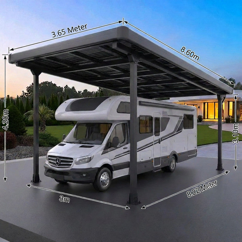 Einzelcarport Carport Gestell für Wohnmobile mit Umrandung & Regenrinne, Schwarz