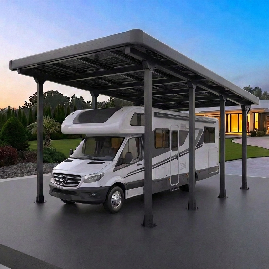 Einzelcarport Carport Gestell für Wohnmobile mit Umrandung & Regenrinne, Schwarz