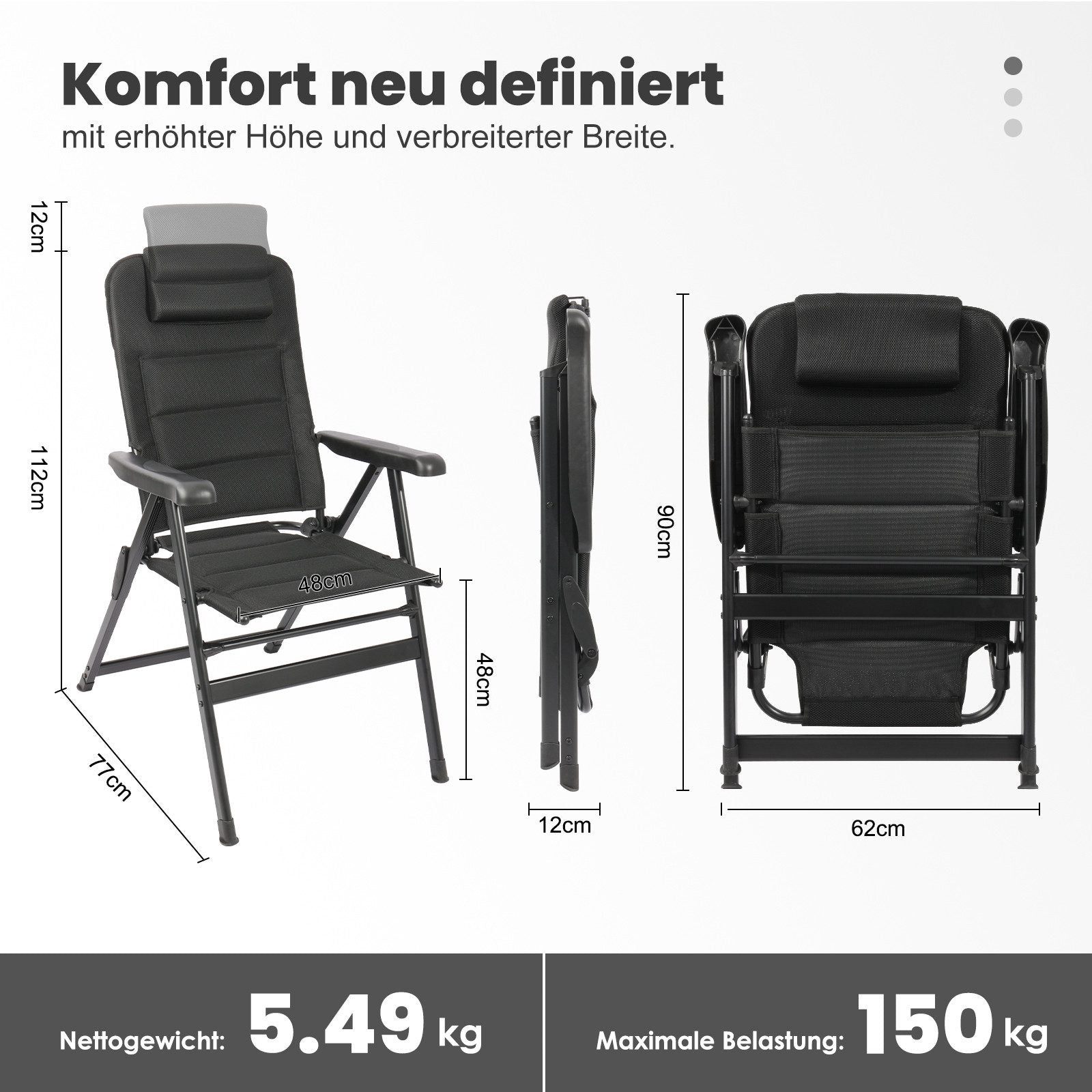 Campingstuhl Hochlehner klappbar – Gepolsterter Gartenstuhl mit Kopfstütze bis 150 kg belastbar schwarz