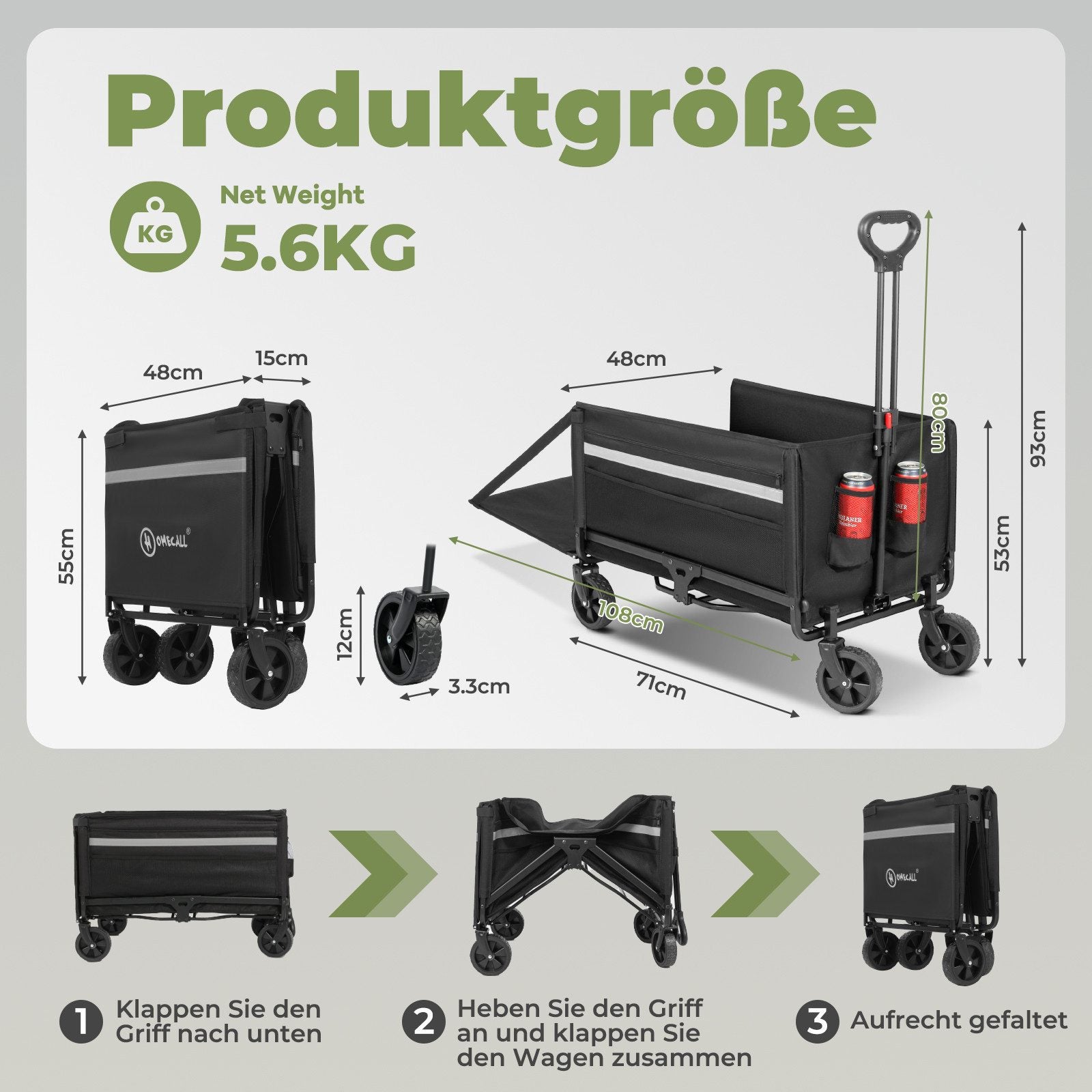 HOMECALL Bollerwagen faltbar 120 L – Handwagen Transportwagen bis 150 kg belastbar mit Regenhülle | B-Ware Sonderposten