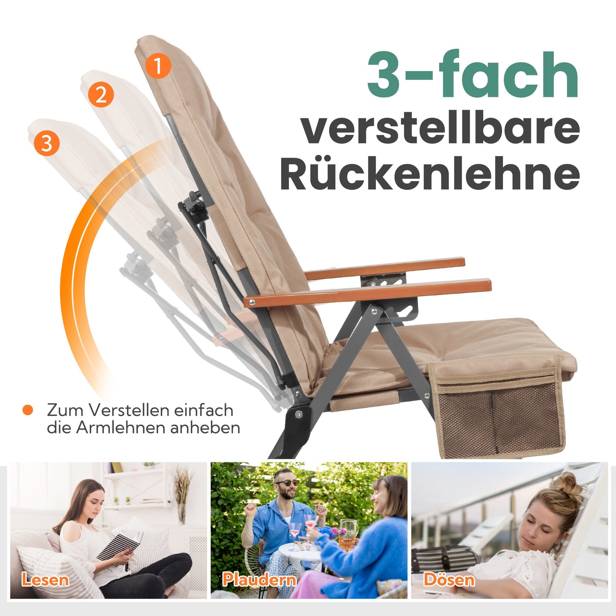 3-tlg. Gartenset Sitzgruppe – Klapptisch ca. 117x70 cm Holzoptik + 2 Hochlehner Beige