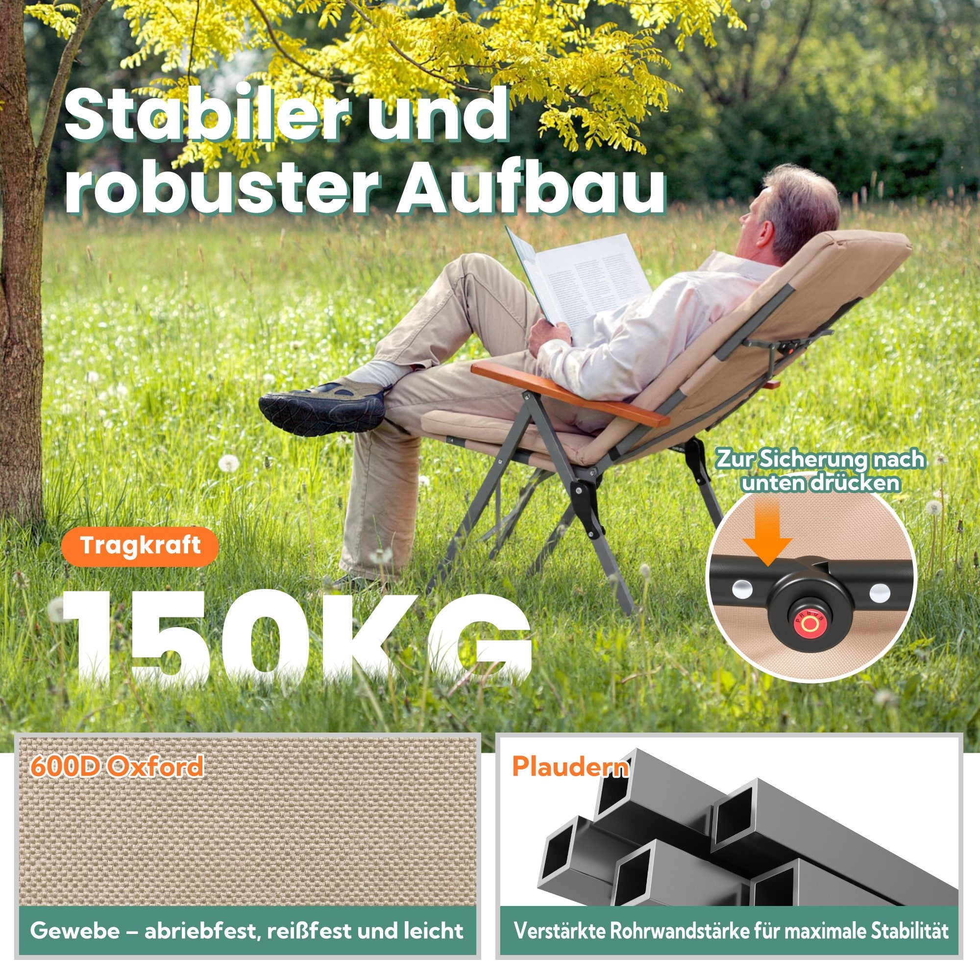 3-tlg. Gartenset Sitzgruppe – Klapptisch ca. 120x70 cm höhenverstellbar Holzoptik + 2 Hochlehner Beige