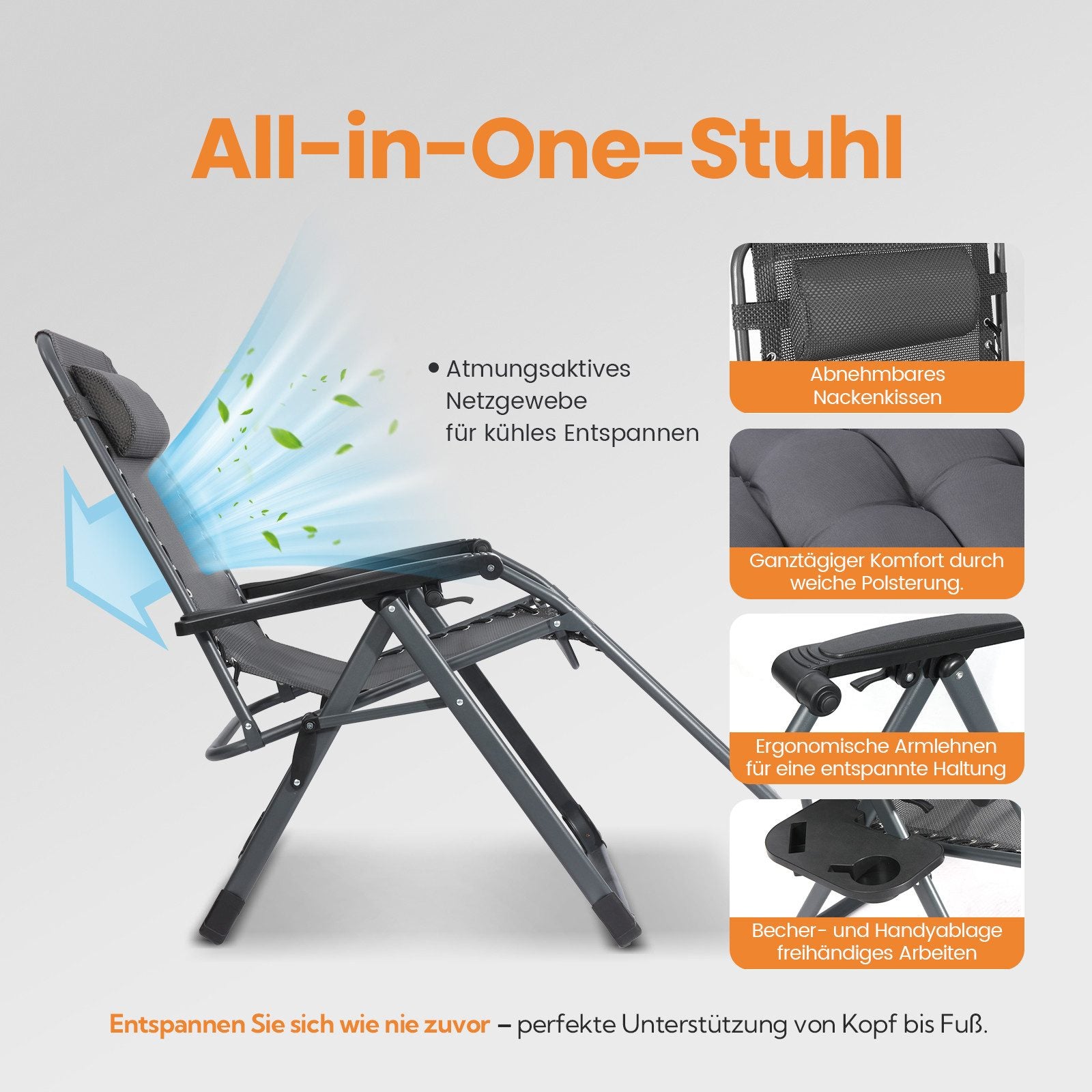 HOMECALL Zero Gravity Liegestuhl klappbar – Relaxliege mit Polster, Textilene, stufenlos verstellbar, bis 180 kg | B-Ware