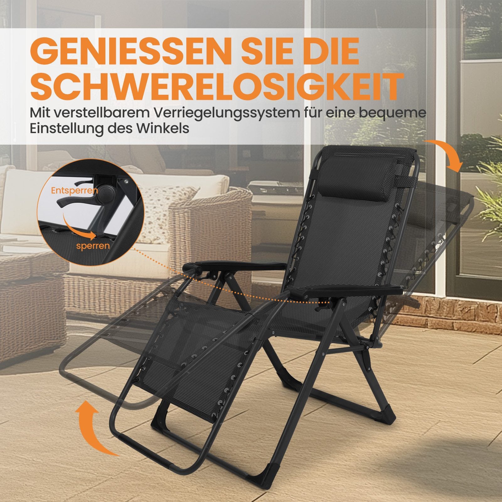 Liegestuhl klappbar XXL bis 180 kg belastbar – Sonnenliege mit Kissen für Garten, Balkon, Terrasse & Camping, schwarz