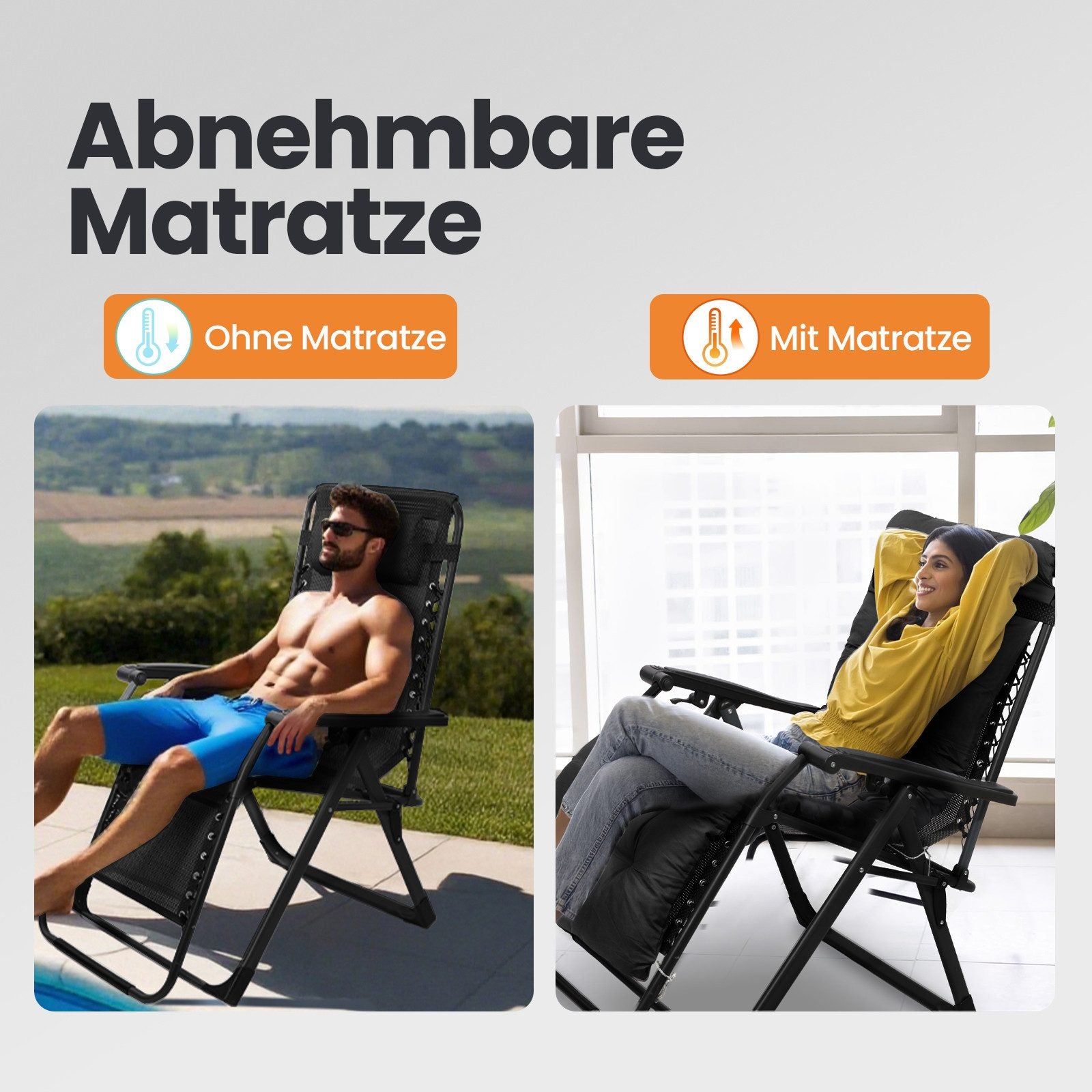 Liegestuhl klappbar XXL bis 180 kg belastbar – Sonnenliege mit Kissen für Garten, Balkon, Terrasse & Camping, schwarz