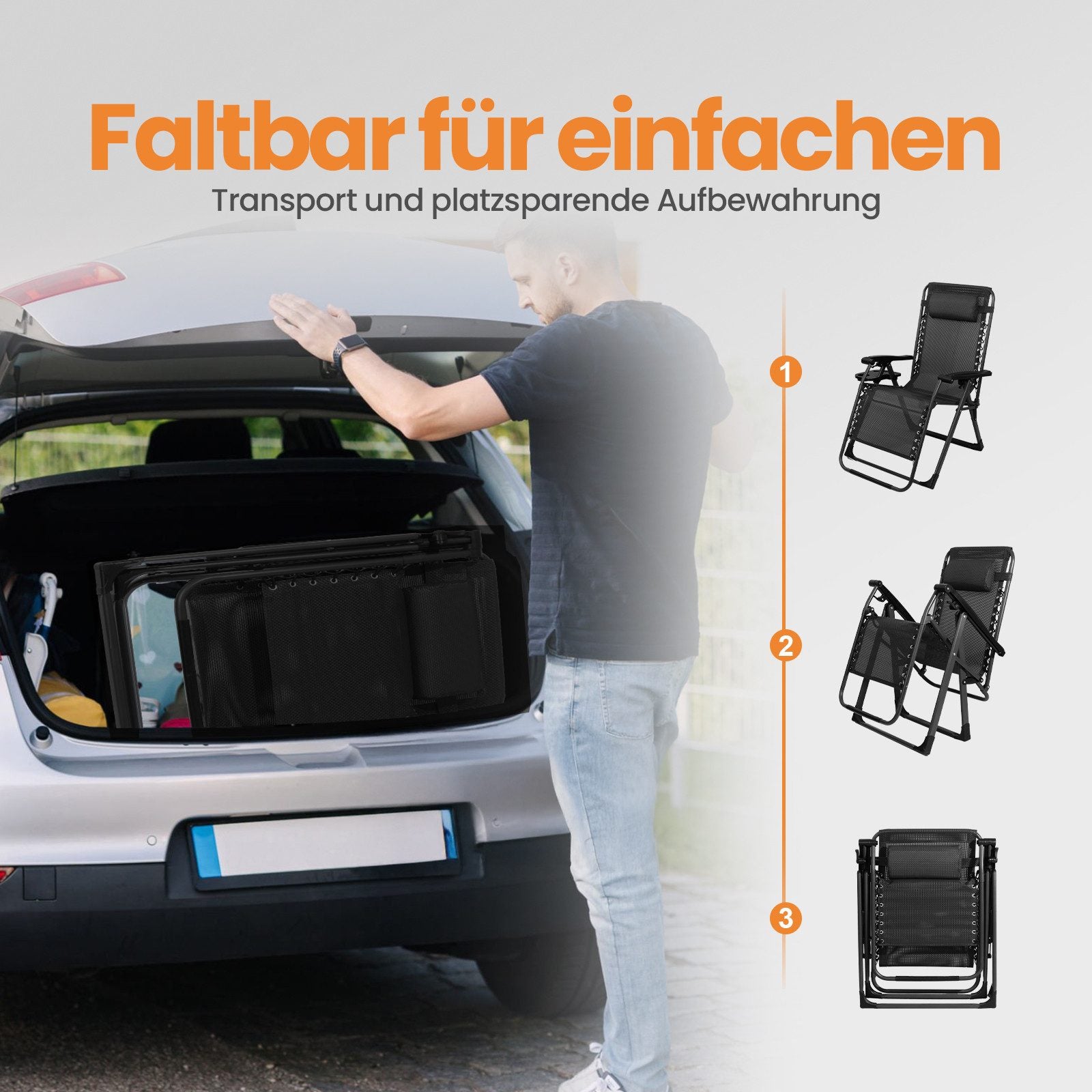 Liegestuhl klappbar XXL bis 180 kg belastbar – Sonnenliege mit Kissen für Garten, Balkon, Terrasse & Camping, schwarz