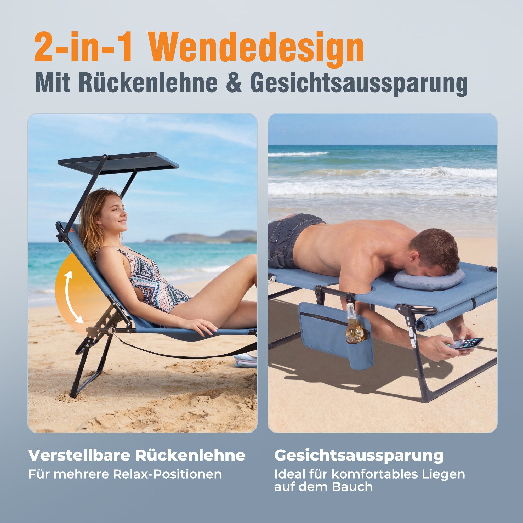 Sonnenliege klappbar mit Gesichtsaussparung – verstellbare Garten- und Campingliege bis 180 kg belastbar, blau
