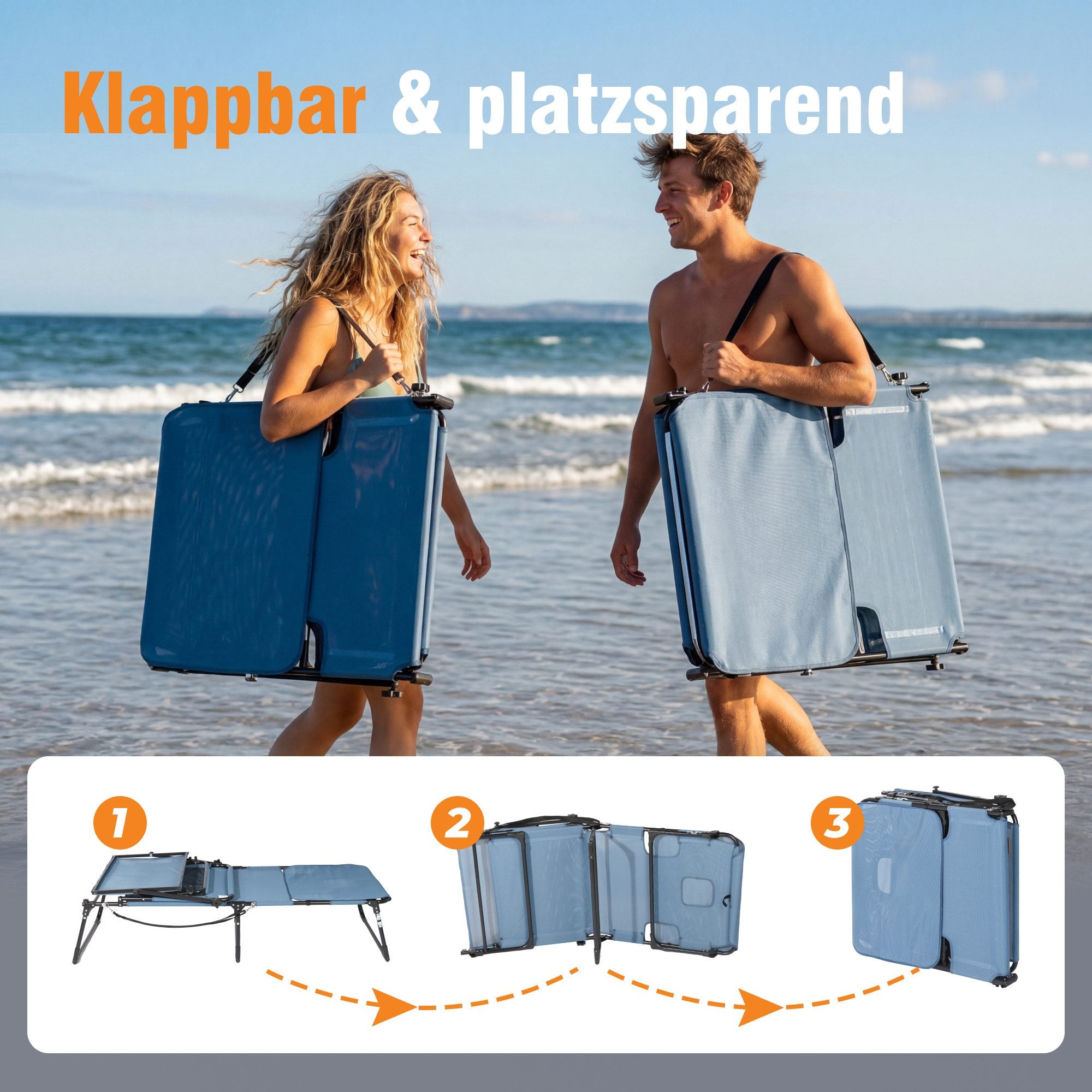 Sonnenliege klappbar mit Gesichtsaussparung – verstellbare Garten- und Campingliege bis 180 kg belastbar, blau