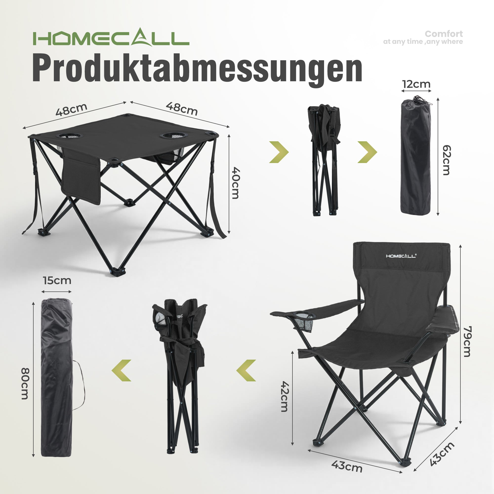 Campingmöbel-Set faltbar – 2 Campingstühle und 1 Campingtisch, leicht und kompakt, mit Getränkehaltern und Seitentaschen, bis 120 kg belastbar, schwarz