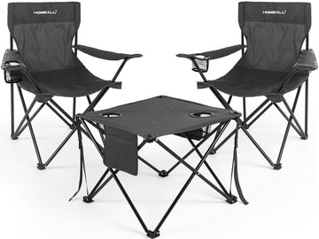 Campingmöbel-Set faltbar – 2 Campingstühle und 1 Campingtisch, leicht und kompakt, mit Getränkehaltern und Seitentaschen, bis 120 kg belastbar, schwarz