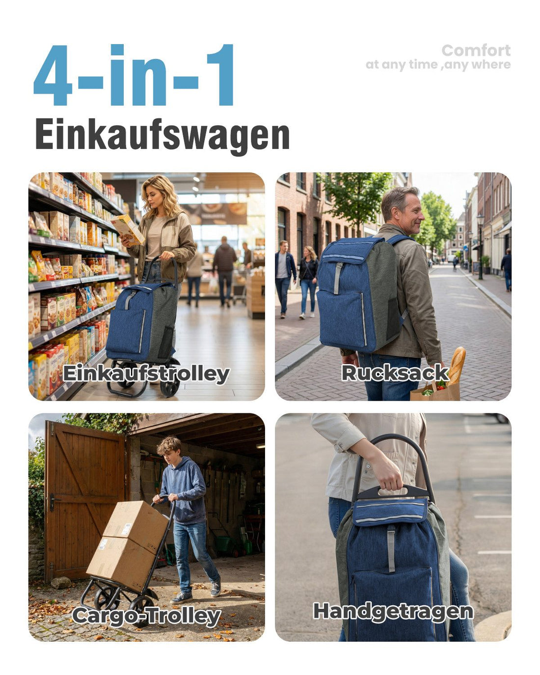 4-in-1 Einkaufswagen klappbar – Trolley, Rucksack und Transportwagen mit Kühlfach, faltbar bis 50 kg, Blau-Grau