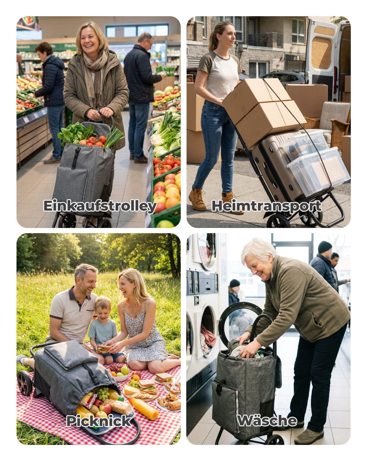 4-in-1 Einkaufswagen klappbar – Trolley, Rucksack und Transportwagen mit Kühlfach, faltbar bis 50 kg, Blau-Grau