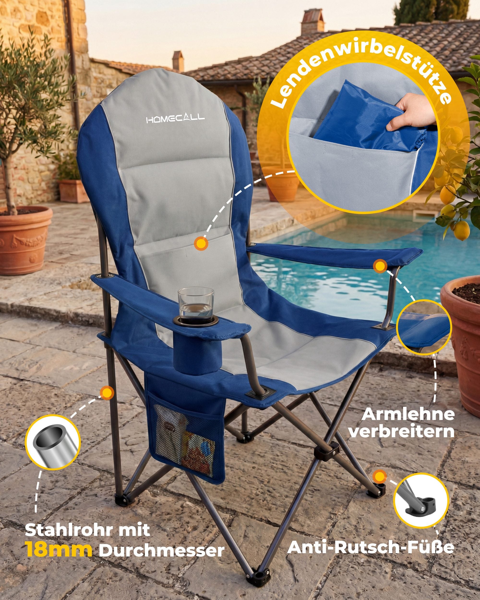 Campingstuhl faltbarer Hochlehner – gepolsterter Outdoor-Klappstuhl bis 150 kg, leicht und stabil, blau