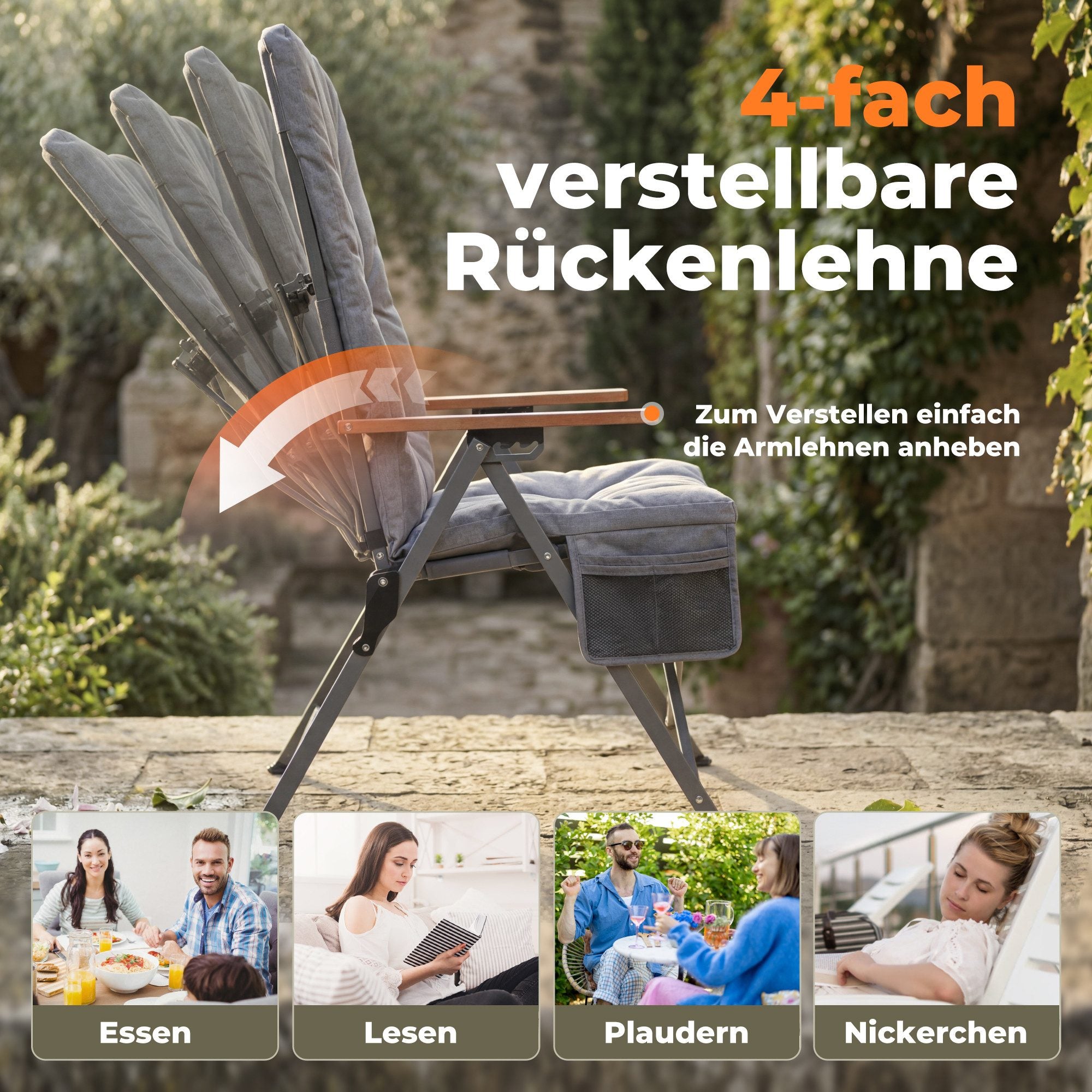 3-tlg. Gartenset Sitzgruppe – Klapptisch ca. 117x70 cm Holzoptik + 2 Hochlehner Hellgrau