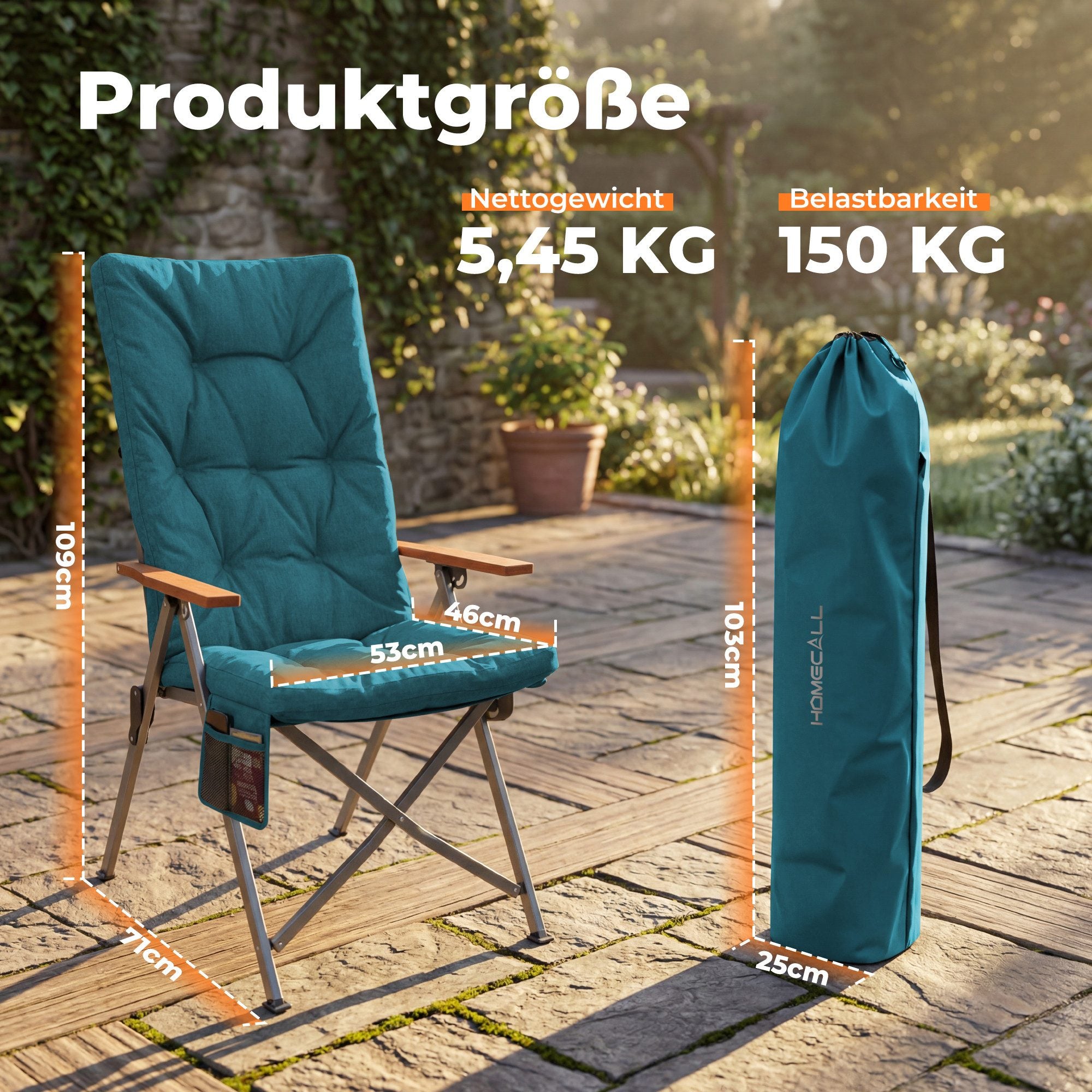 3-tlg. Gartenset Sitzgruppe – Klapptisch ca. 120x70 cm höhenverstellbar Holzoptik + 2 Hochlehner Marineblau