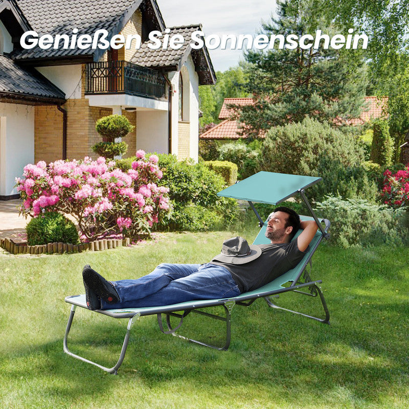Sonnenliege klappbar – Gartenliege aus Aluminium mit verstellbarer Rückenlehne, Kopfstütze und Sonnenblende, bis 180 kg belastbar, türkis