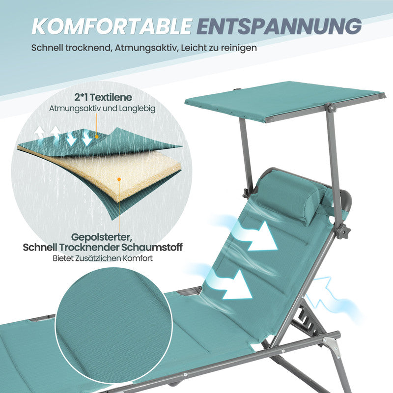 Sonnenliege klappbar – Gartenliege aus Aluminium mit verstellbarer Rückenlehne, Kopfstütze und Sonnenblende, bis 180 kg belastbar, türkis