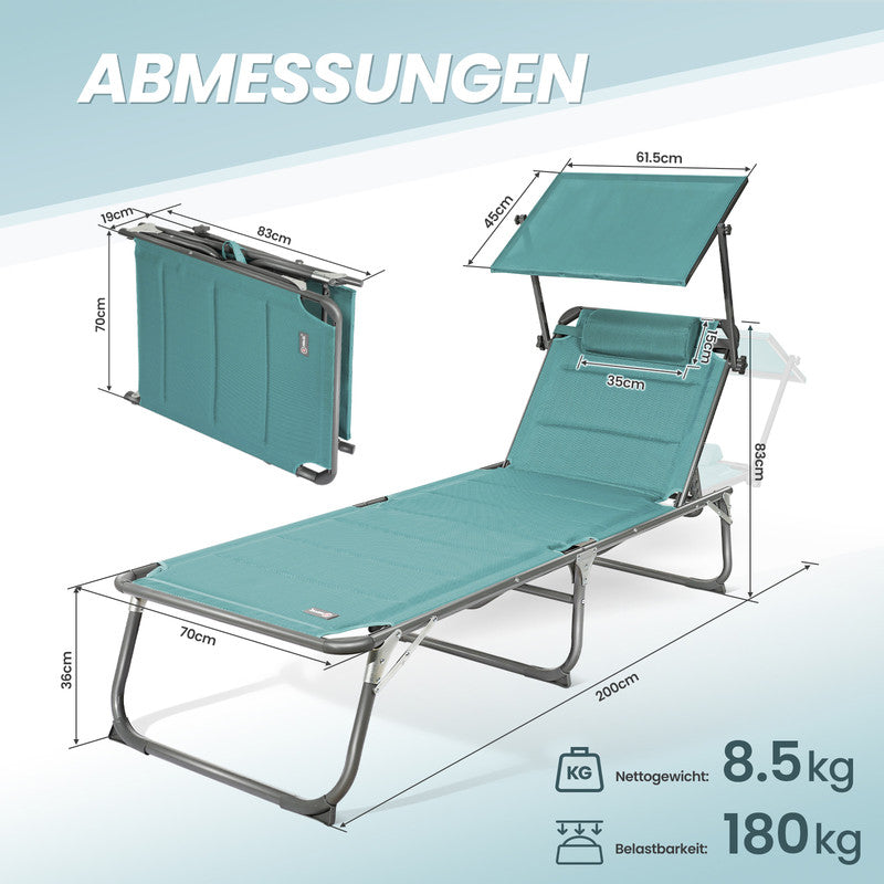 Sonnenliege klappbar – Gartenliege aus Aluminium mit verstellbarer Rückenlehne, Kopfstütze und Sonnenblende, bis 180 kg belastbar, türkis