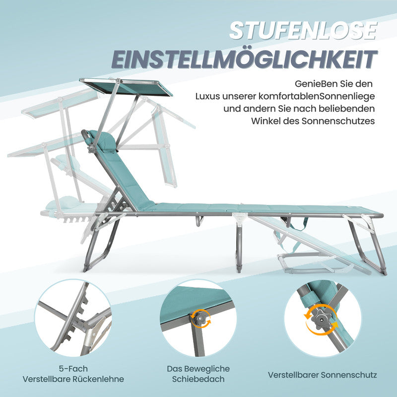 Sonnenliege klappbar – Gartenliege aus Aluminium mit verstellbarer Rückenlehne, Kopfstütze und Sonnenblende, bis 180 kg belastbar, türkis