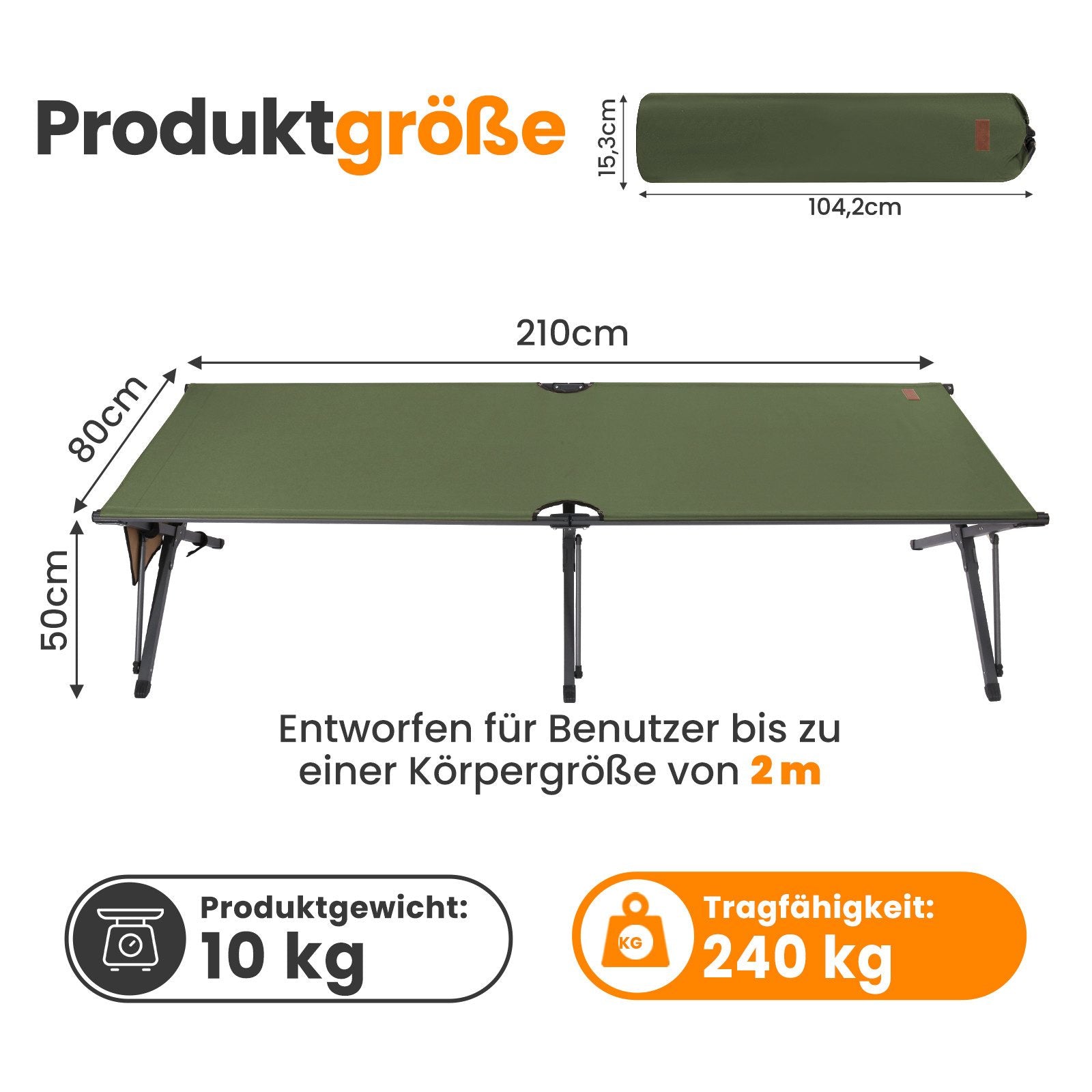 HOMECALL XXL Campingbett klappbar – stabiles Feldbett bis 200 kg, faltbares Outdoor- und Gästebett mit Tragetasche, Grün