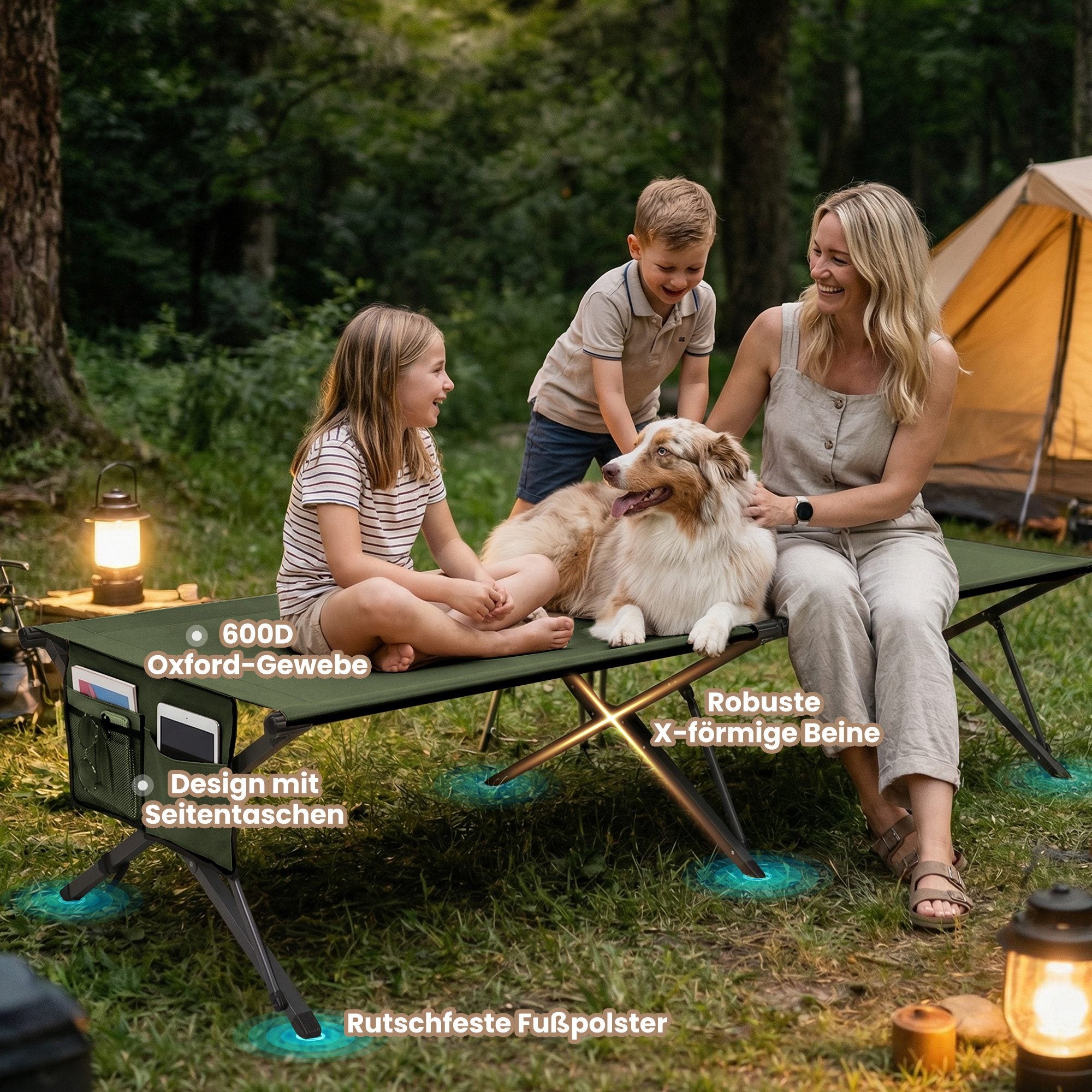 HOMECALL XXL Campingbett klappbar – stabiles Feldbett bis 200 kg, faltbares Outdoor- und Gästebett mit Tragetasche, Grün