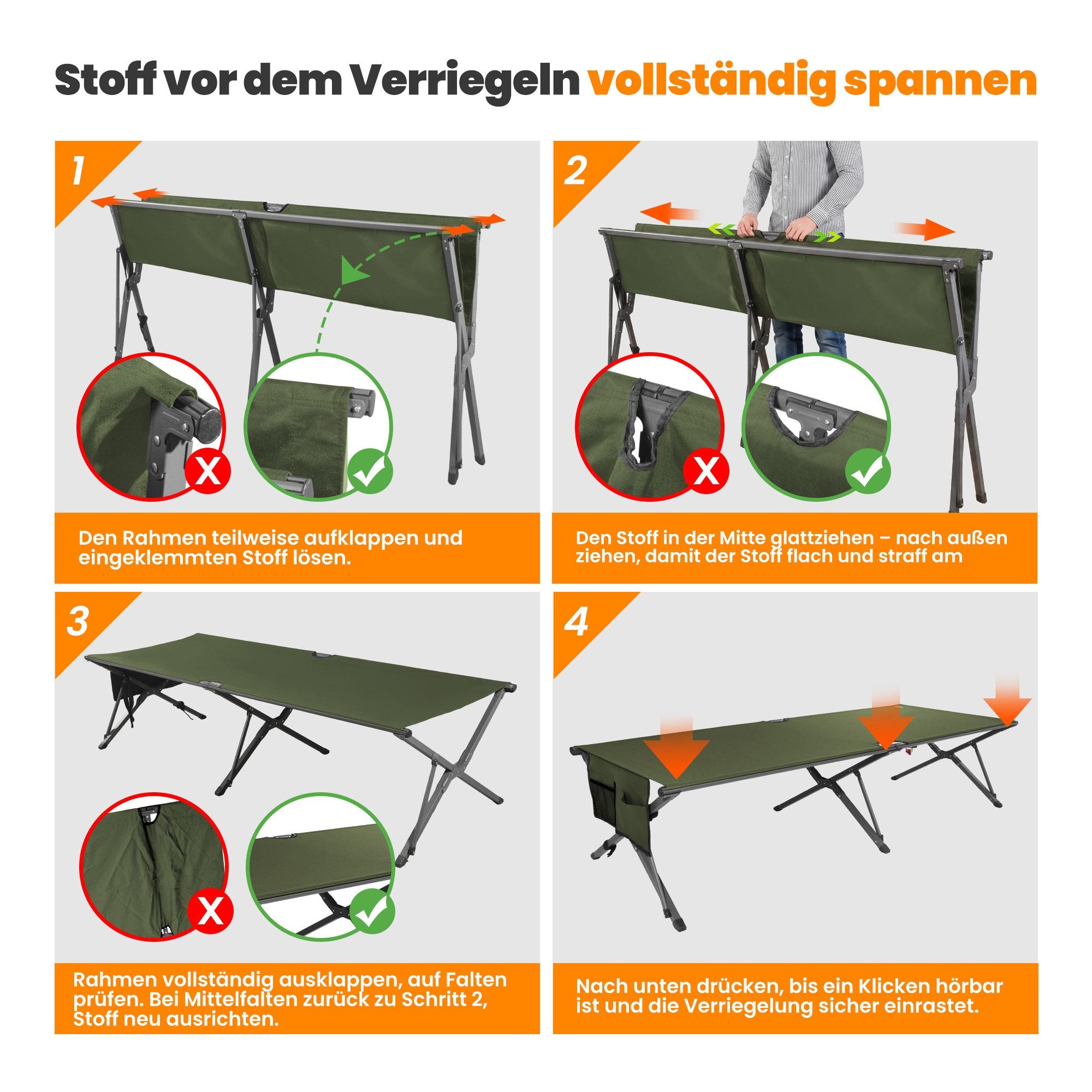 HOMECALL XXL Campingbett klappbar – stabiles Feldbett bis 200 kg, faltbares Outdoor- und Gästebett mit Tragetasche, Grün