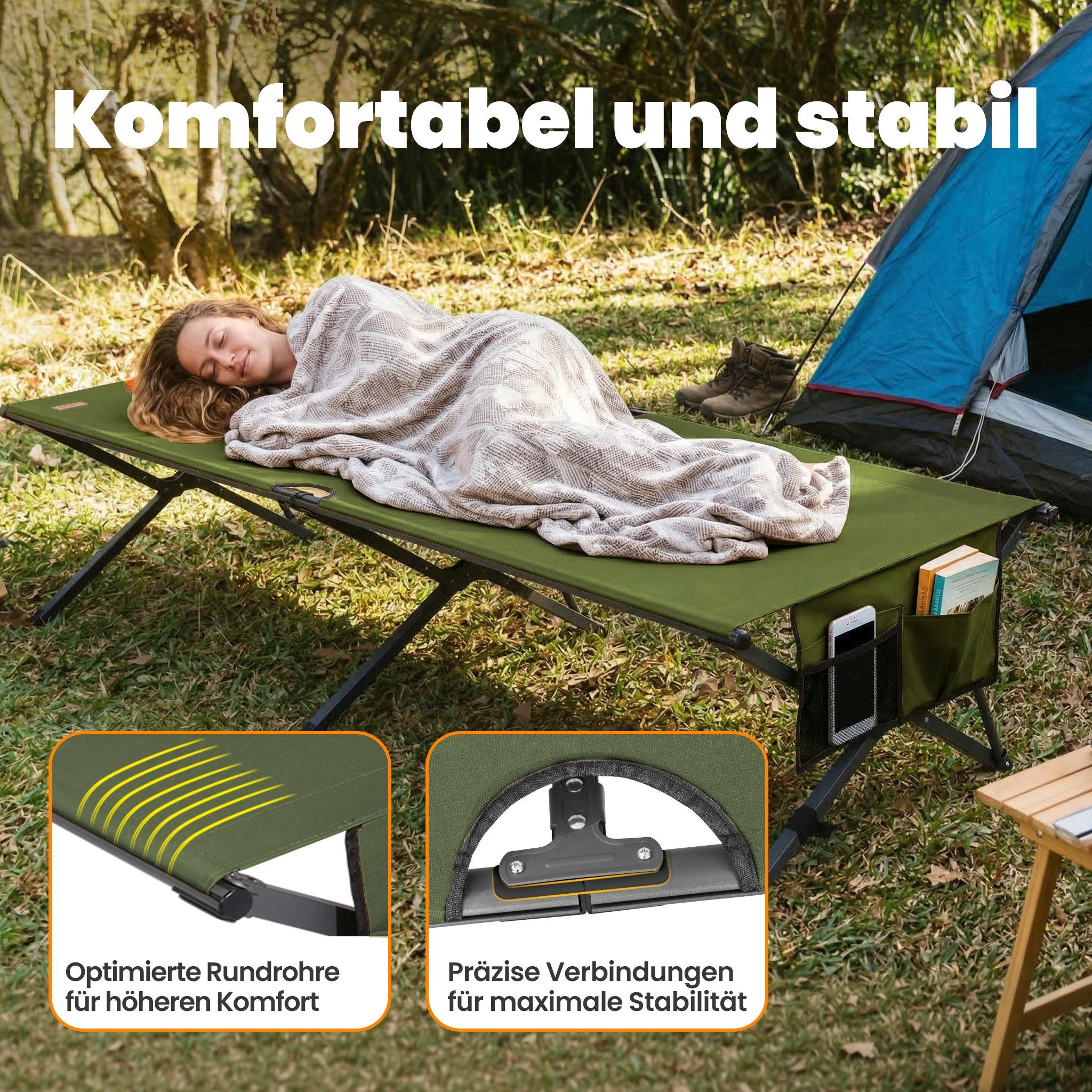 HOMECALL XXL Campingbett klappbar – stabiles Feldbett bis 200 kg, faltbares Outdoor- und Gästebett mit Tragetasche, Grün
