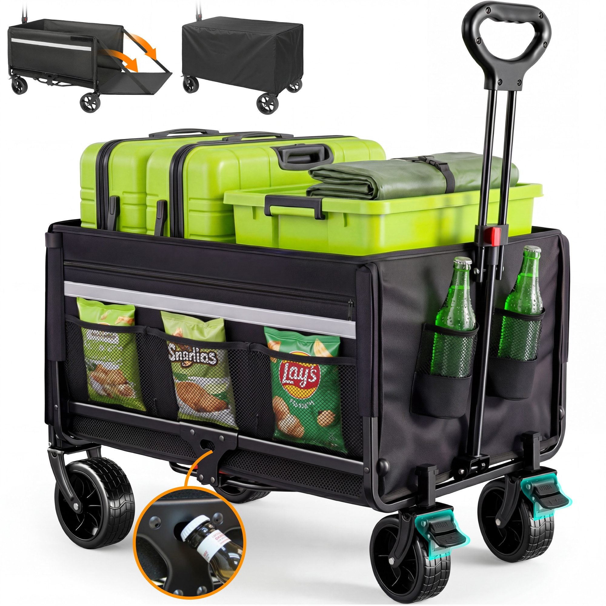 Faltbarer Bollerwagen Handwagen bis 150 kg – Strandwagen mit Dach, 120 L+ Volumen, Campingwagen mit Reflektorstreifen