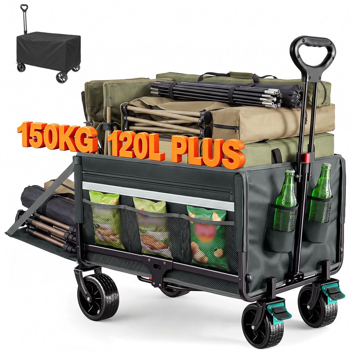 Faltbarer Bollerwagen Handwagen bis 150 kg – Strandwagen mit Dach, 120 L+ Volumen, Campingwagen mit Reflektorstreifen, Grau