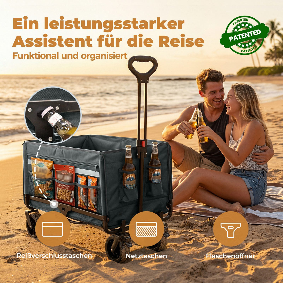 Faltbarer Bollerwagen Handwagen bis 150 kg – Strandwagen mit Dach, 120 L+ Volumen, Campingwagen mit Reflektorstreifen, Grau