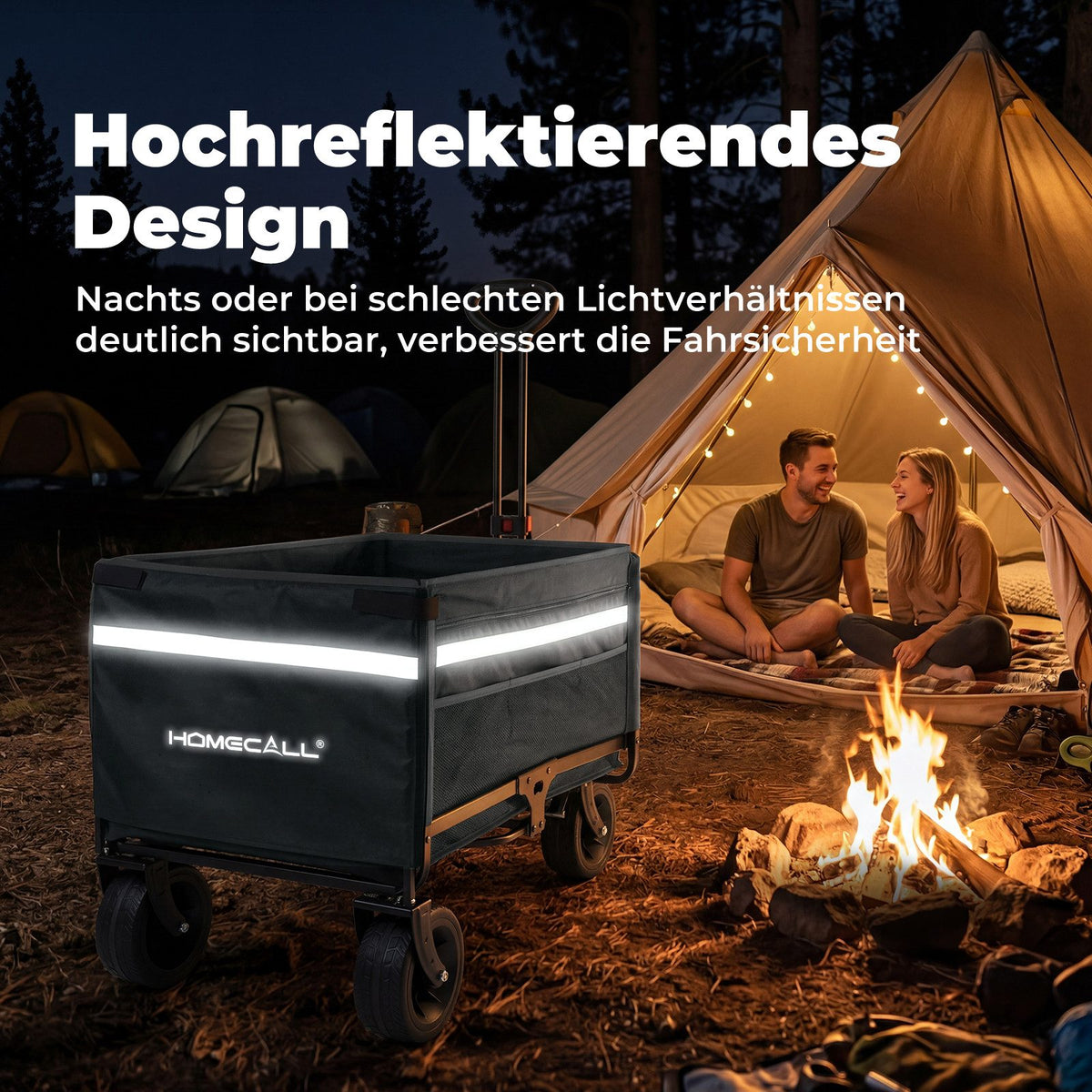 Faltbarer Bollerwagen Handwagen bis 150 kg – Strandwagen mit Dach, 120 L+ Volumen, Campingwagen mit Reflektorstreifen, Grau
