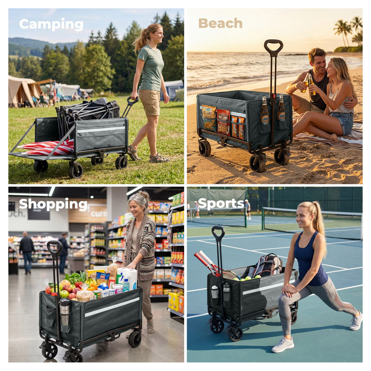 Faltbarer Bollerwagen Handwagen bis 150 kg – Strandwagen mit Dach, 120 L+ Volumen, Campingwagen mit Reflektorstreifen, Grau
