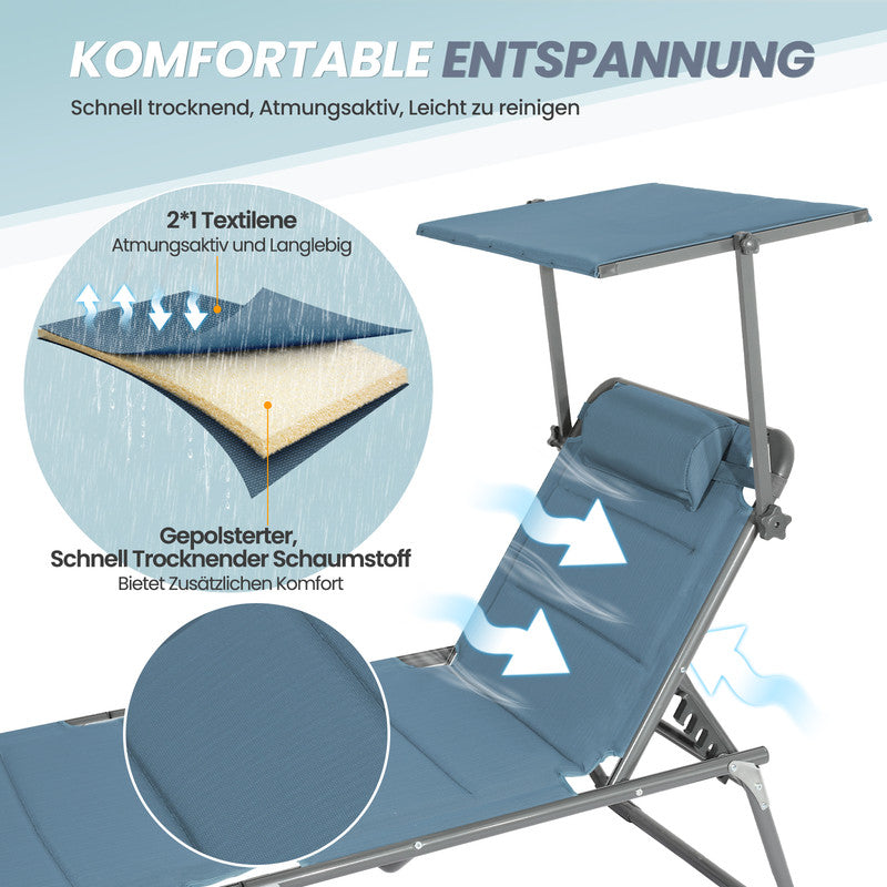 HOMECALL Sonnenliege XXL klappbar Anthrazit – 5-fach verstellbar mit Sonnenschutz, gepolstert bis 180 kg belastbar | B-Ware Sonderposten